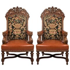 Antique Pair of 19th Century Louis XIV Style Fauteuil Walnut Chairs