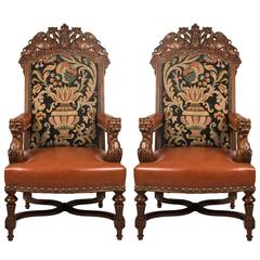 Pair of 19th Century Louis XIV Style Fauteuil Walnut Chairs