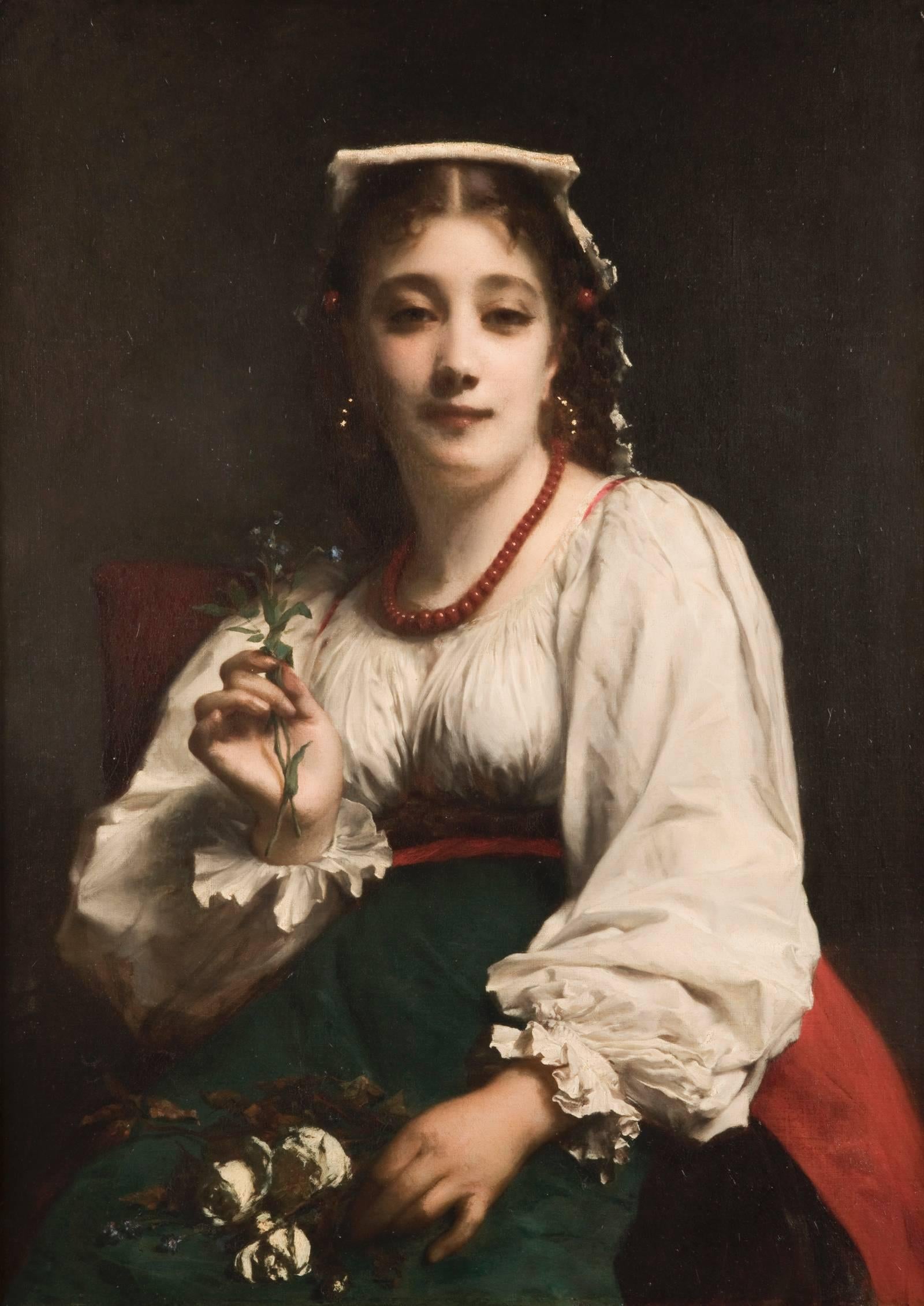 A 19th century portrait of an Italian woman set against a dark background with a raised hand holding forget-me-nots and white roses on her lap. The depiction of expressive 'beauties' was a common subject for Piot; beautiful women with an elegant and