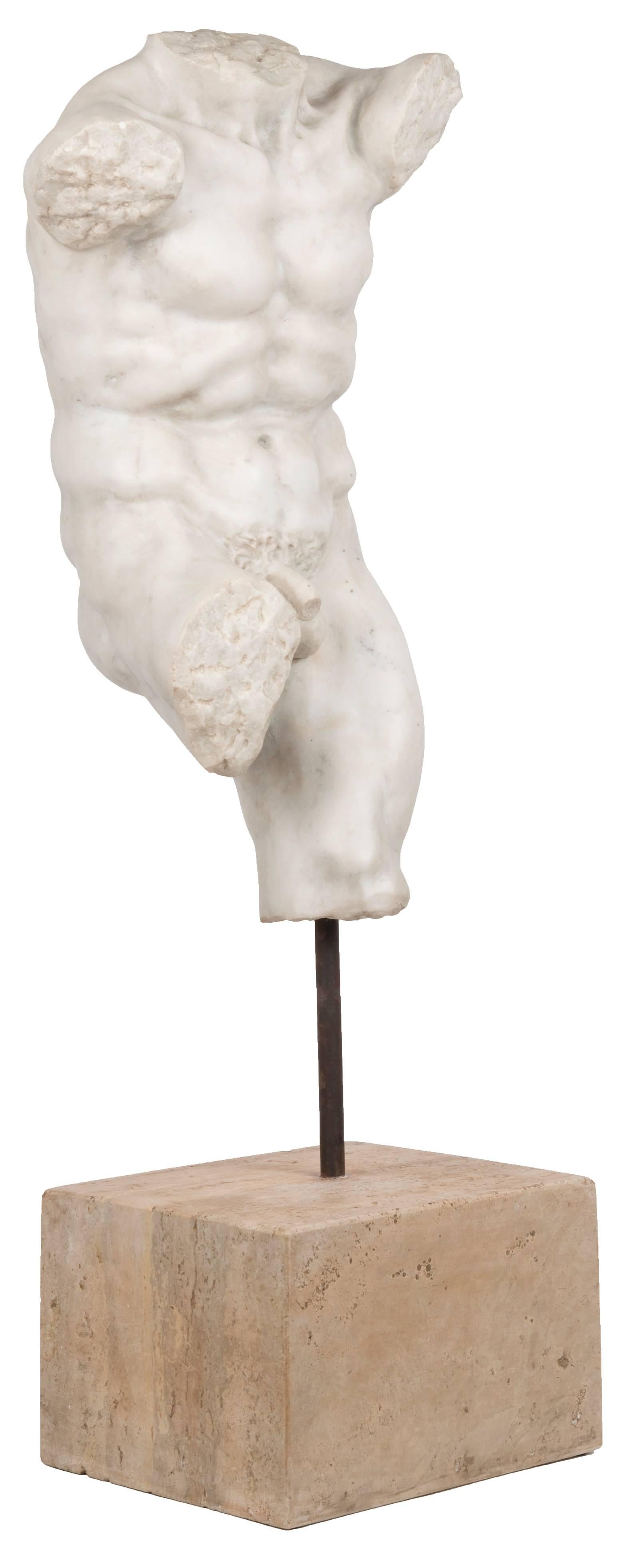 European Carved Marble Torso of a Man on a Marble Stand