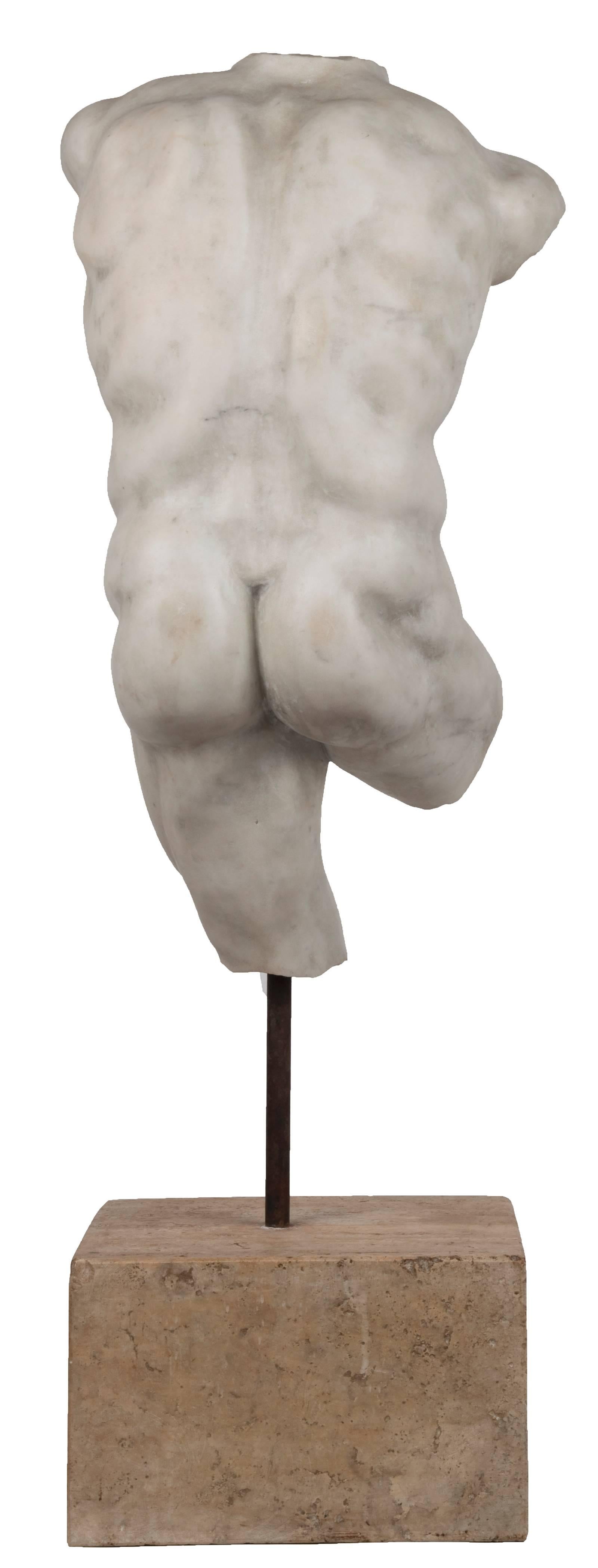 Classical Roman Carved Marble Torso of a Man on a Marble Stand