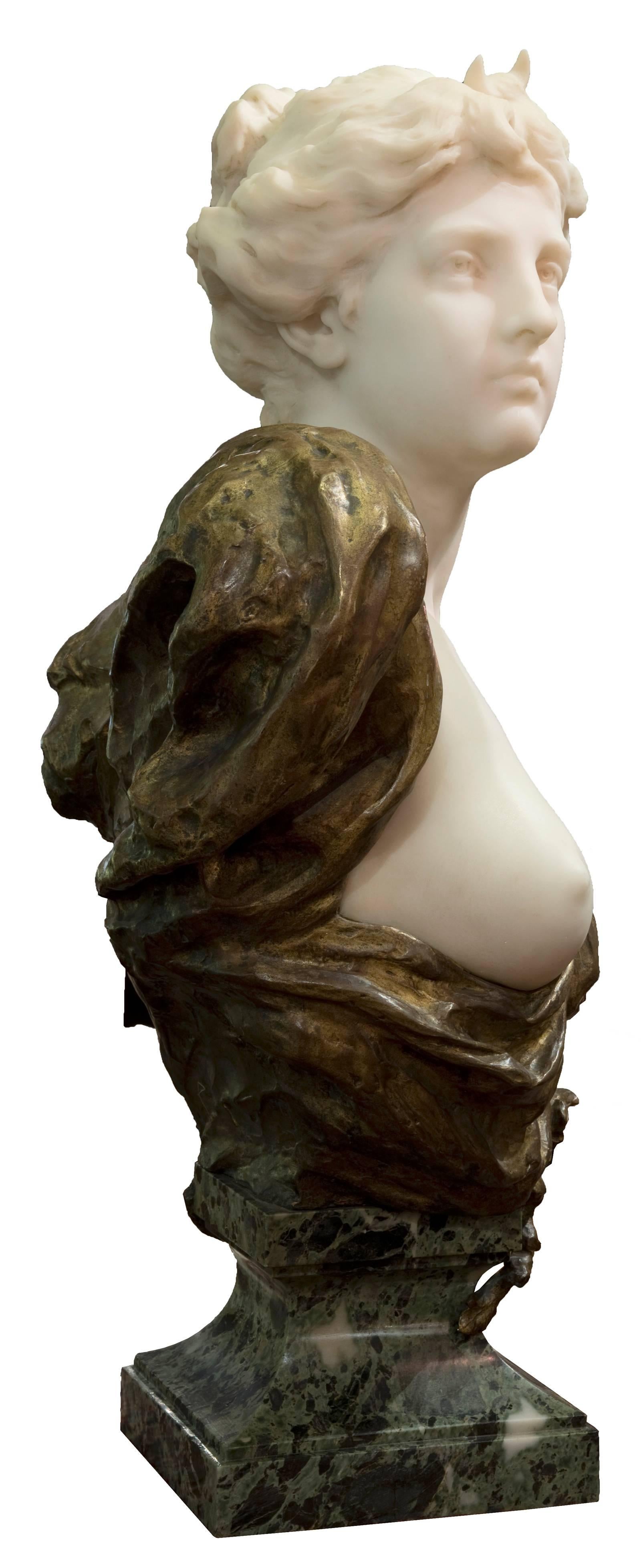 European 19th Century French Ormolu and White Marble Bust of Diana by Henri Weigéle