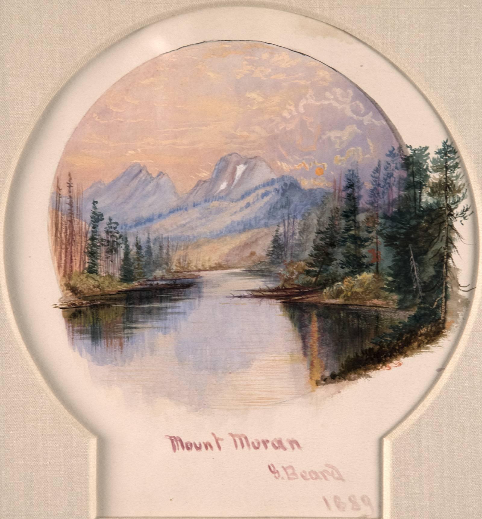 This 19th century watercolor on paper depicts the grand form of Mount Moran, in Jackson Hole, Wyoming. The viewer is drawn straight into the centre of the composition and lead across the still waters that flow directly to the looming form of the