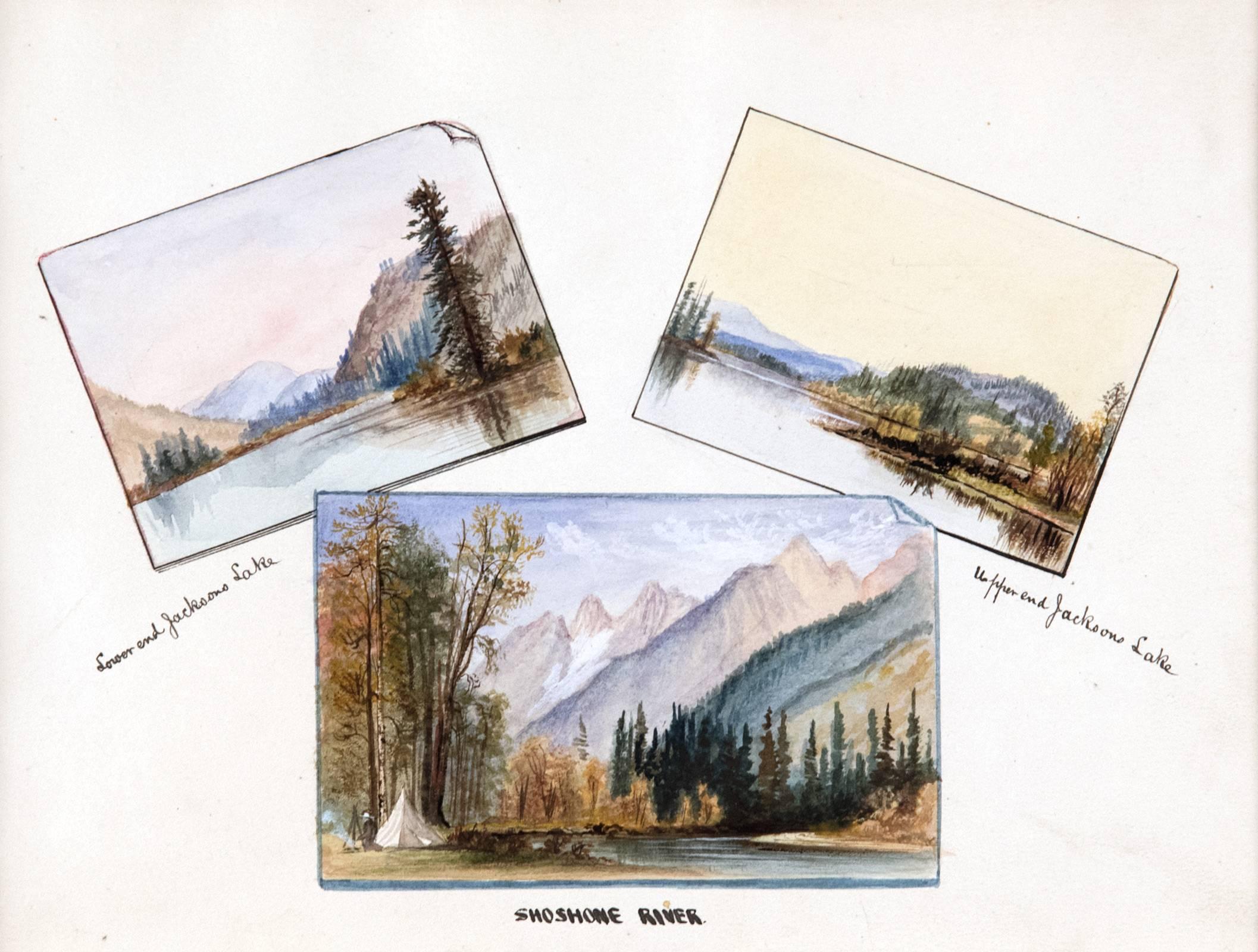 This 19th century work on paper depicts three representations from Jackson Hole, Wyoming: The mountainous view of Lower end Jackson Lake, a golden sky above the view of upper end Jackson Lake and a small camp on the banks of Shoshone River. Beard