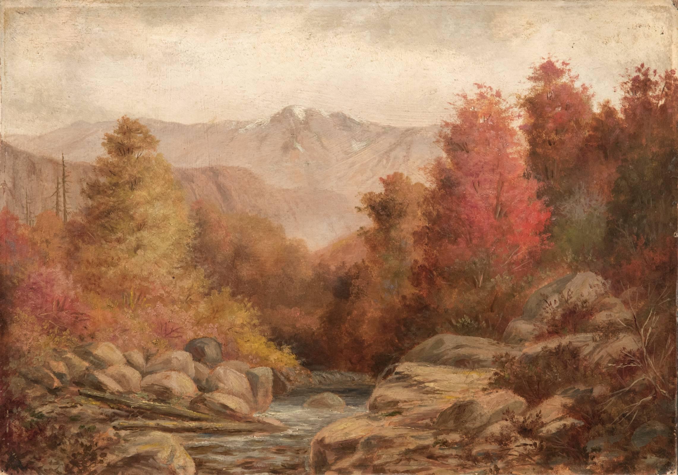 In this 19th century landscape, George Martin Ottinger (1833-1917) has captured an idyllic view of the mountain river stream, City Creek Canyon, as it meanders through the rocky embankment that is lined with fiery red and golden yellow trees of