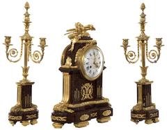 Red Griotte Marble and Ormolu Three-Piece Clock Garniture by Raingo FrèRes
