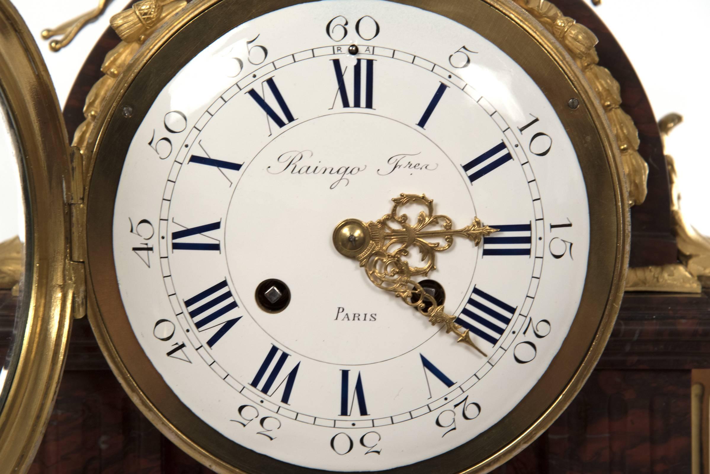 French Red Griotte Marble and Ormolu Three-Piece Clock Garniture by Raingo FrèRes