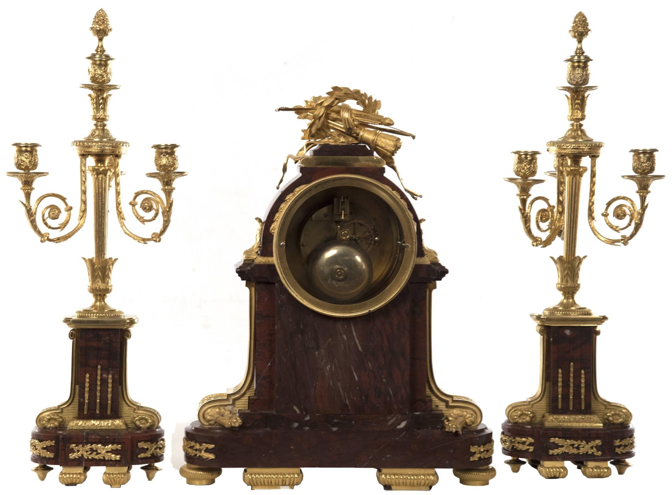 Louis XVI Red Griotte Marble and Ormolu Three-Piece Clock Garniture by Raingo FrèRes
