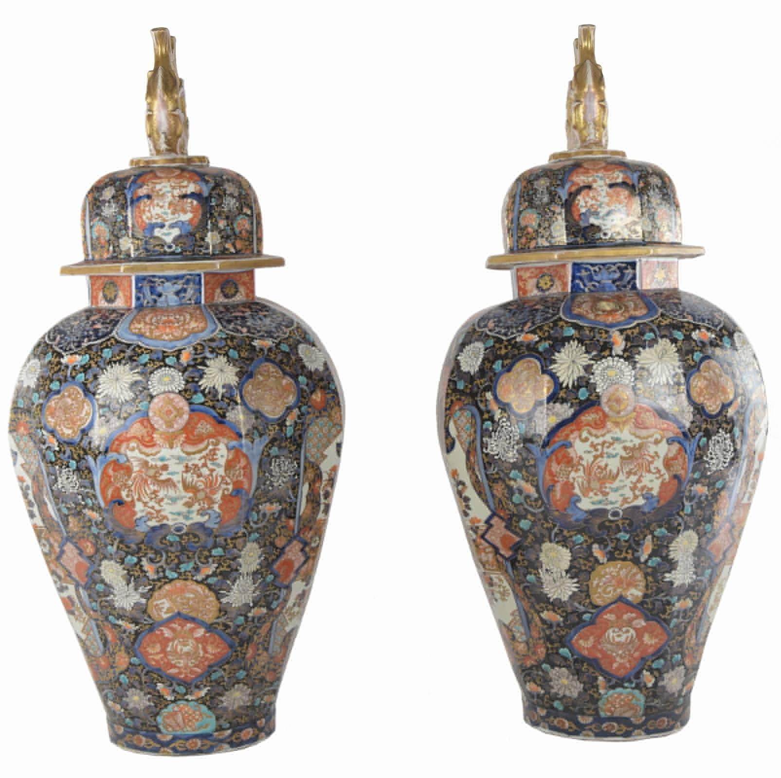 Two large and matching Japanese Imari baluster vases with covers, from the estate of President Franklin Delano Roosevelt, listed as item number 