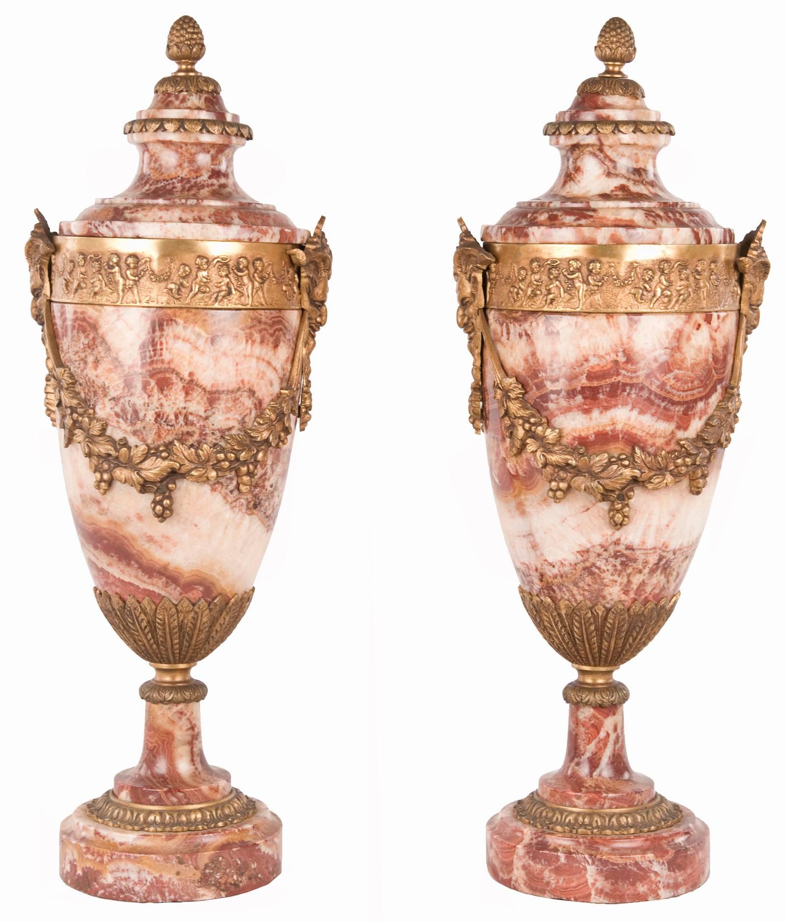 French Pair of Louis XVI Style Marble and Ormolu Urns For Sale