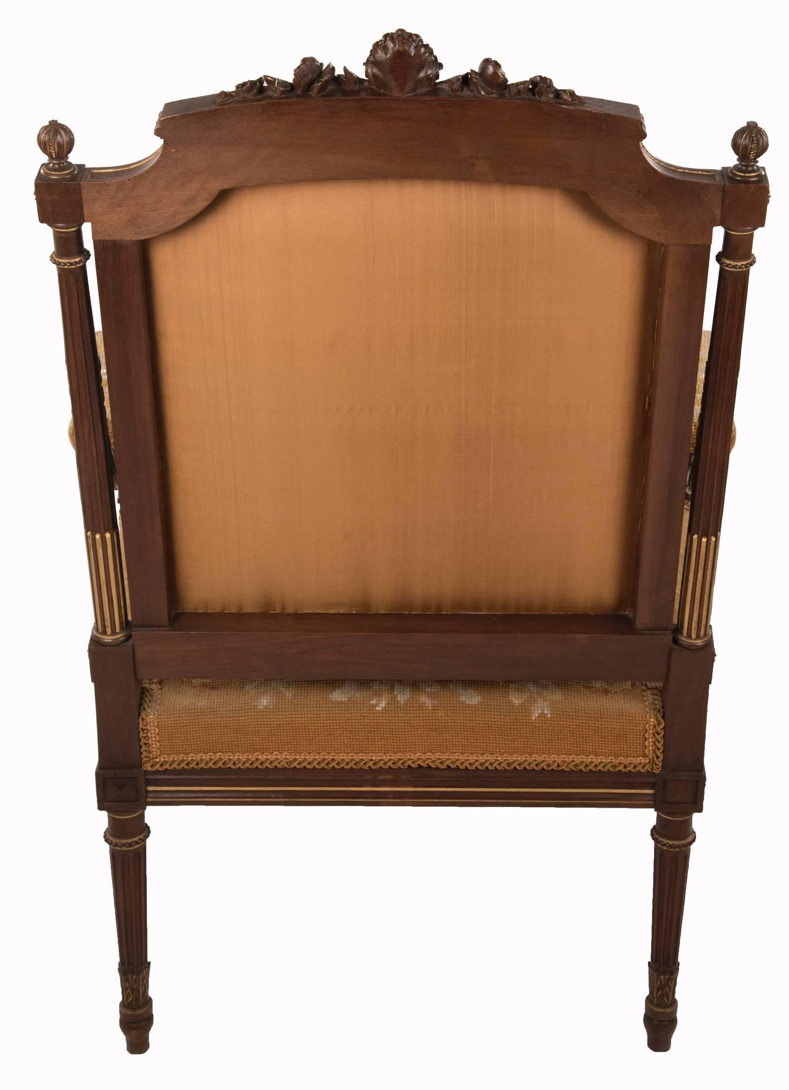 Set of Louis XVI Style Walnut and Parcel-Gilt Needlepoint-Upholstered Armchairs In Good Condition In Salt Lake City, UT