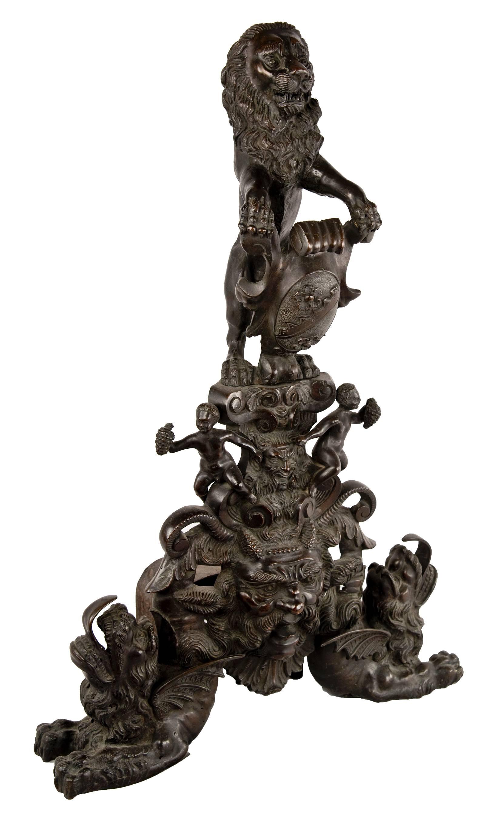 On a pedestal, standing stoically on its hind legs is a lion supported by a scrolled coat of arms. Beneath the pedestal two figures clasp a face medallion with one hand and hold grapes in the other, surmounting the carved head of Bacchus, which is