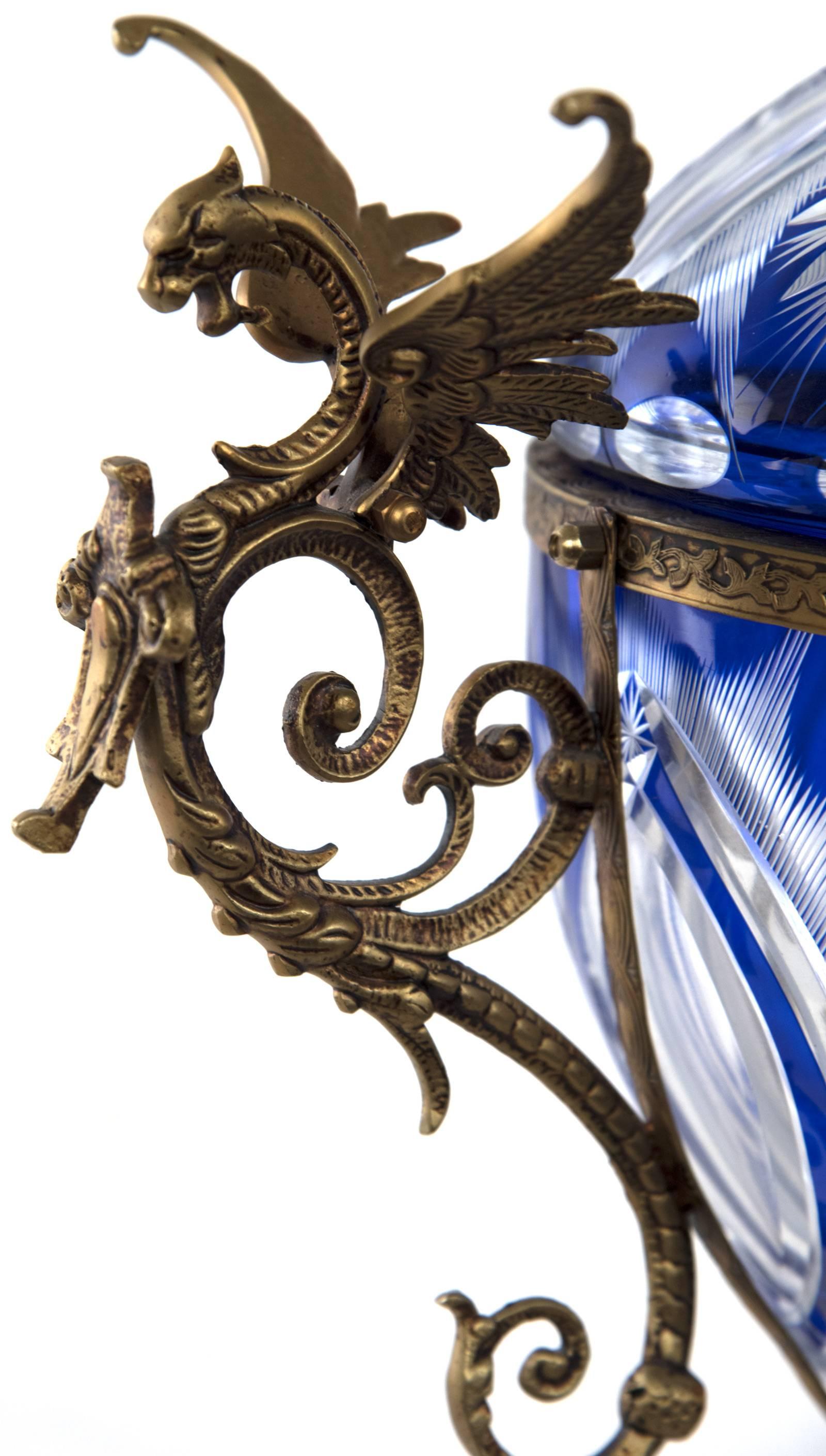 Bronze Mounted Cobalt Cut to Clear Crystal Urn with Figural Wyvern Handle In Good Condition In Salt Lake City, UT