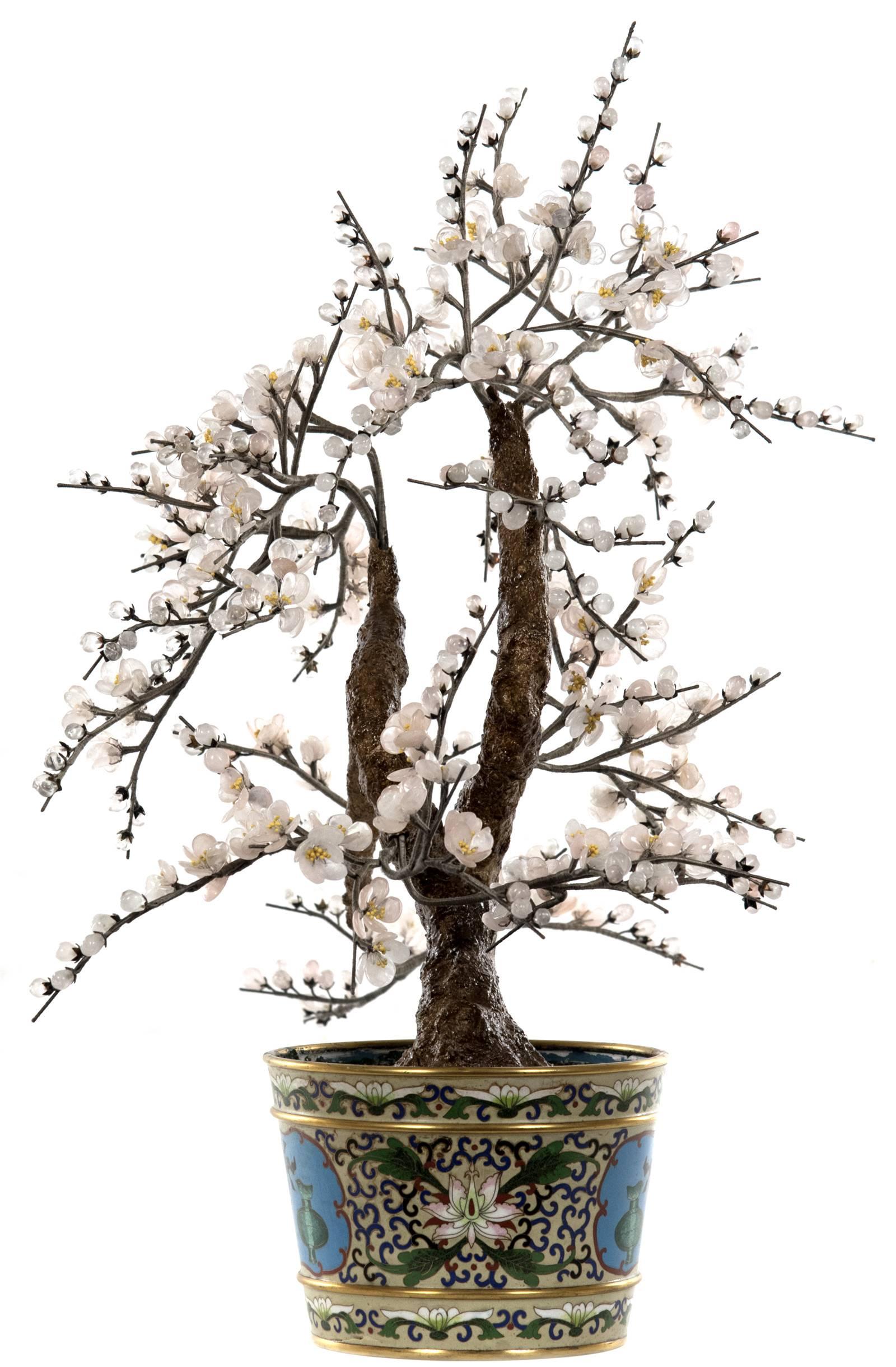 Chinese 19th Century Polychrome Enamel JardinièRe with Tourmaline Prunus Tree