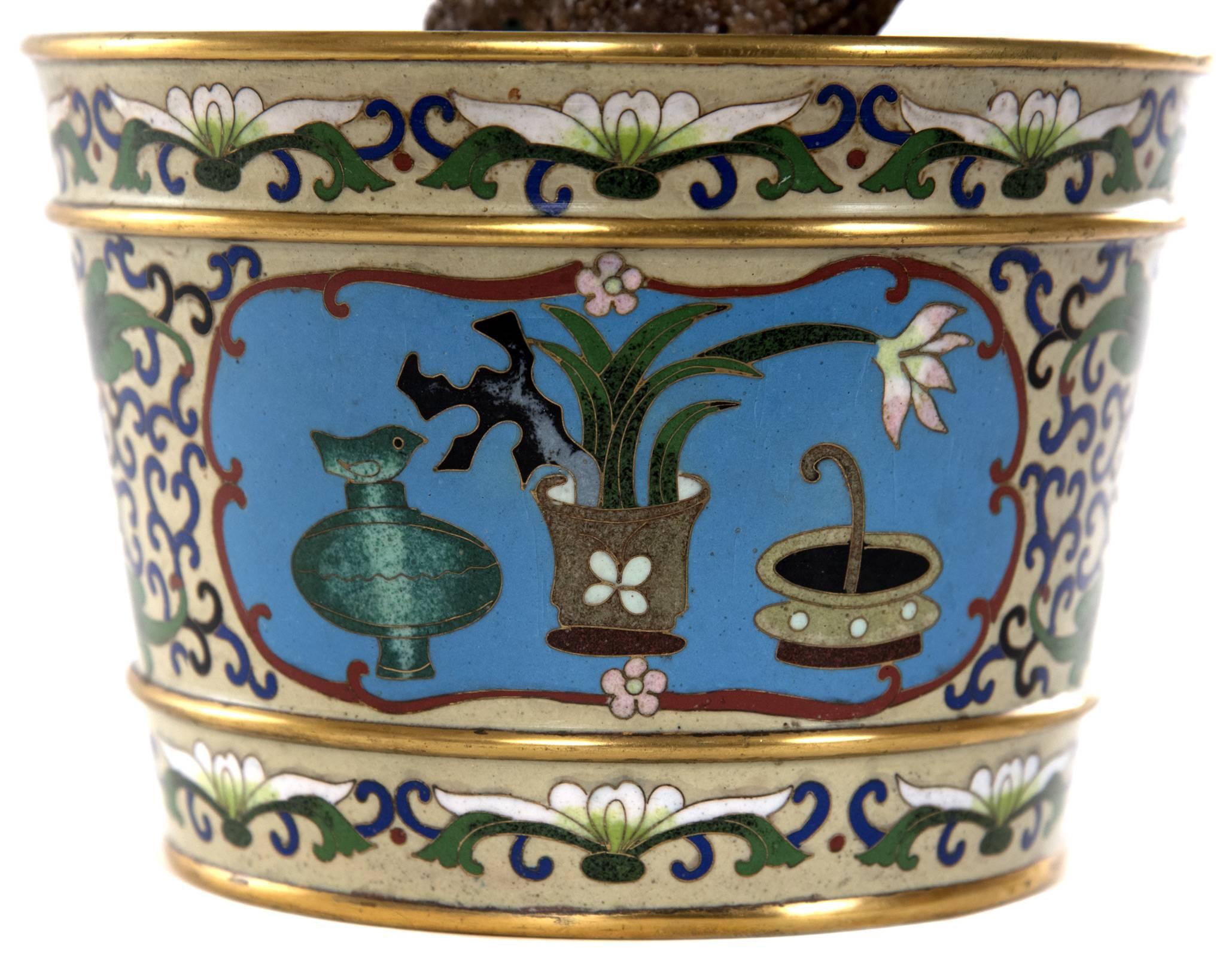 19th Century Polychrome Enamel JardinièRe with Tourmaline Prunus Tree 1