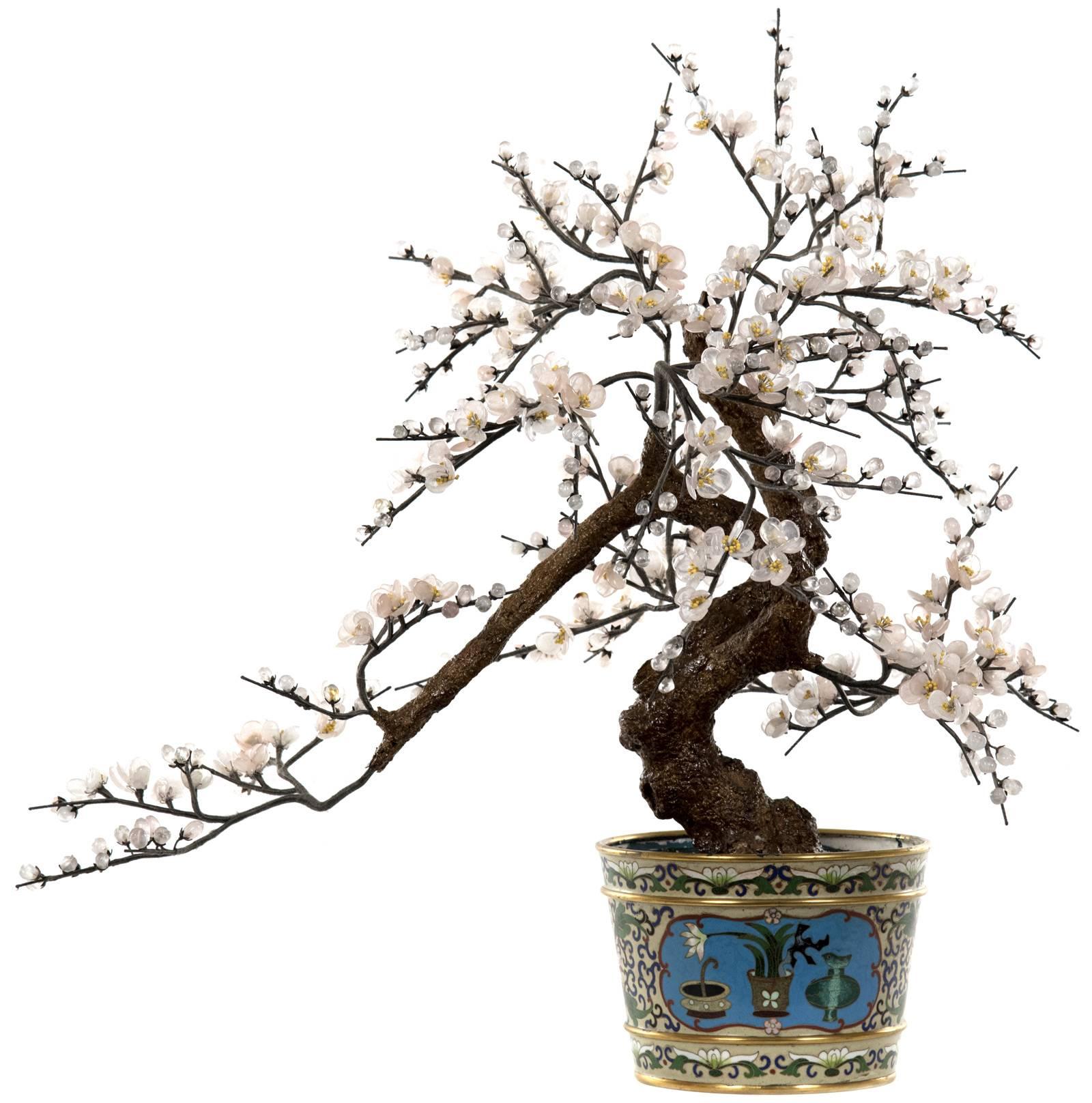 Qing 19th Century Polychrome Enamel JardinièRe with Tourmaline Prunus Tree