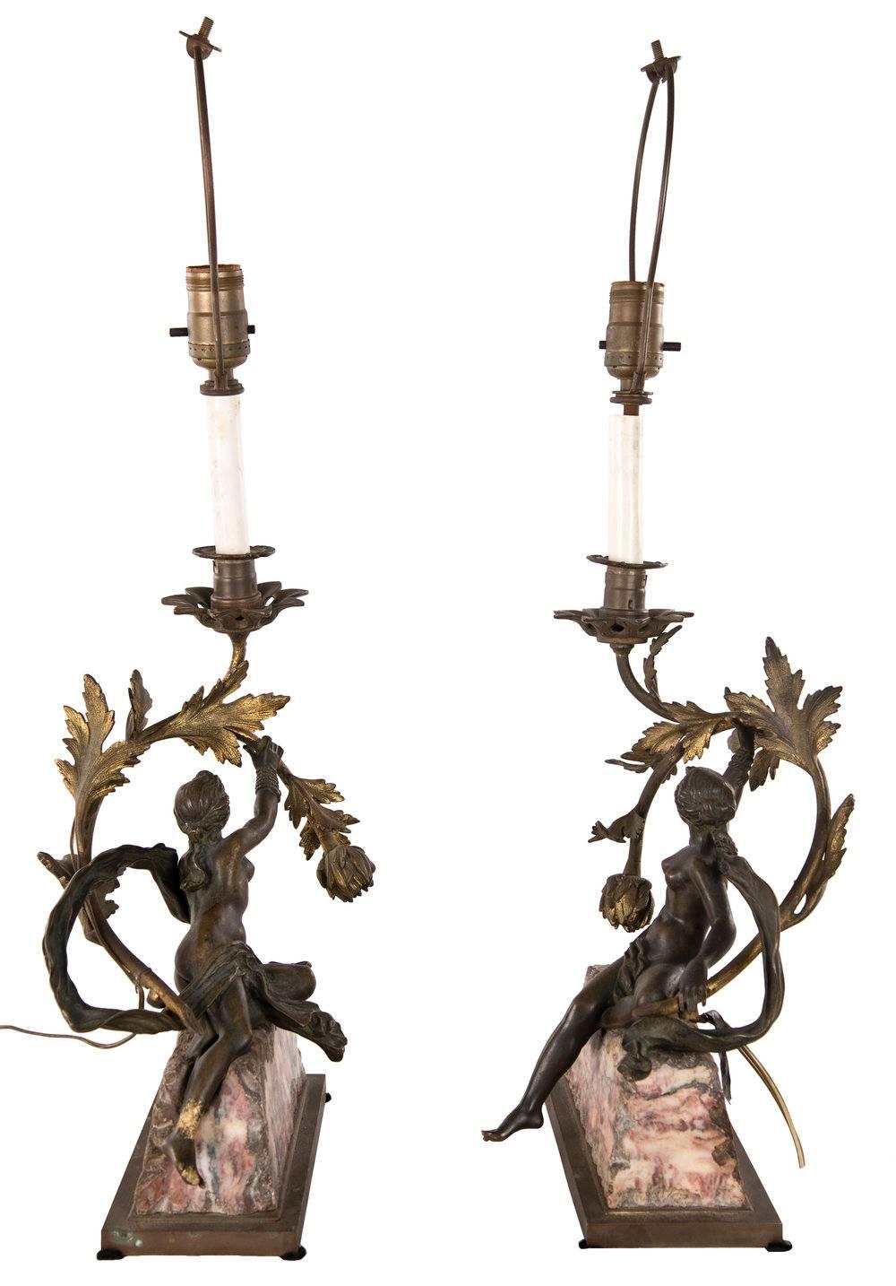Pair of Neoclassical Bronze and Marble Table Lamps 1