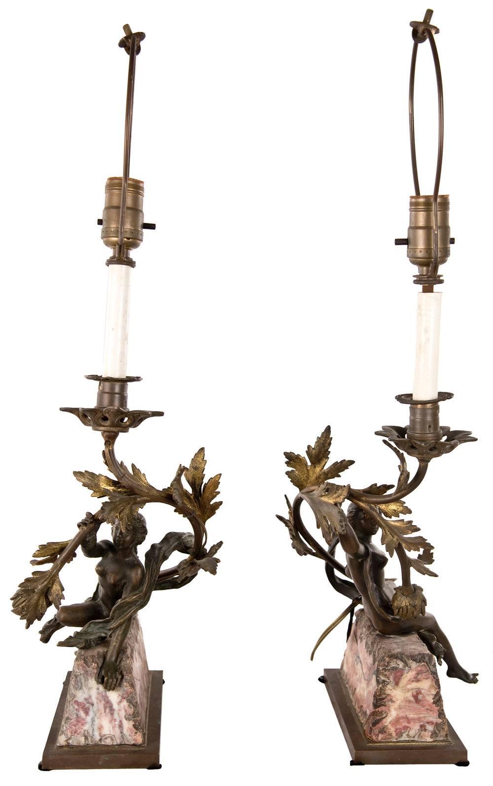 French Pair of Neoclassical Bronze and Marble Table Lamps