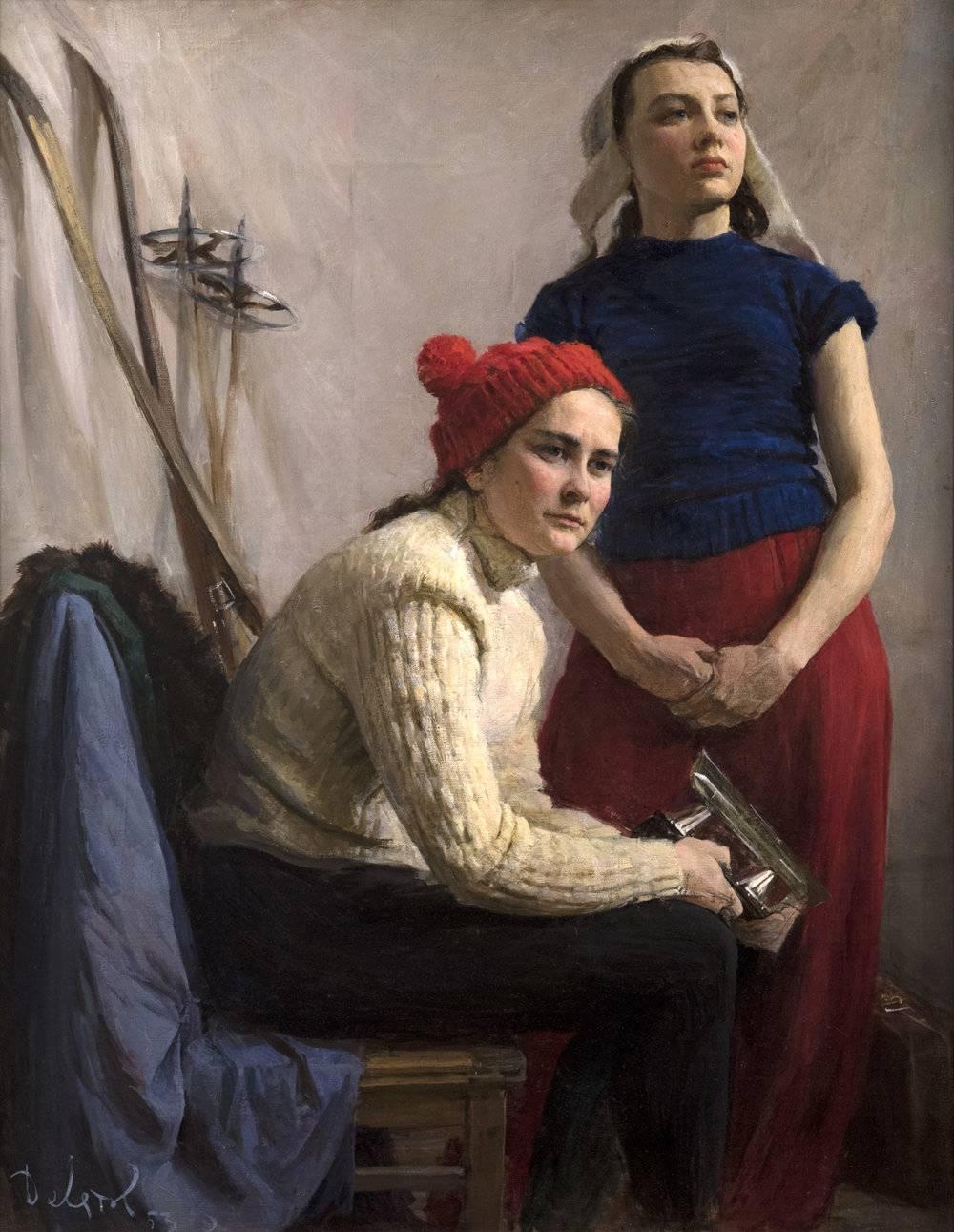 Simply titled "Athletes," this painting by Mikail Mkhailovich Devyatov captures the dignity and esteem of a female ice skater and skier. Russian female athletes were among the most pioneering in their fields, often given higher recognition