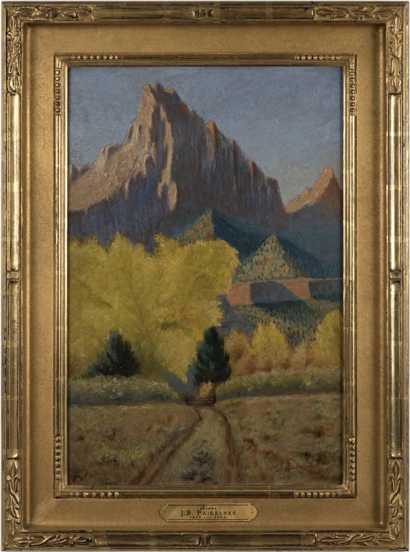 John B. Fairbanks (1855-1940) was an American landscape painter who travelled throughout Utah to paint en plein air, painting many scenes of Zion National Park. With a rich color palette and loose, impressionistic brushstrokes, Fairbanks is able to