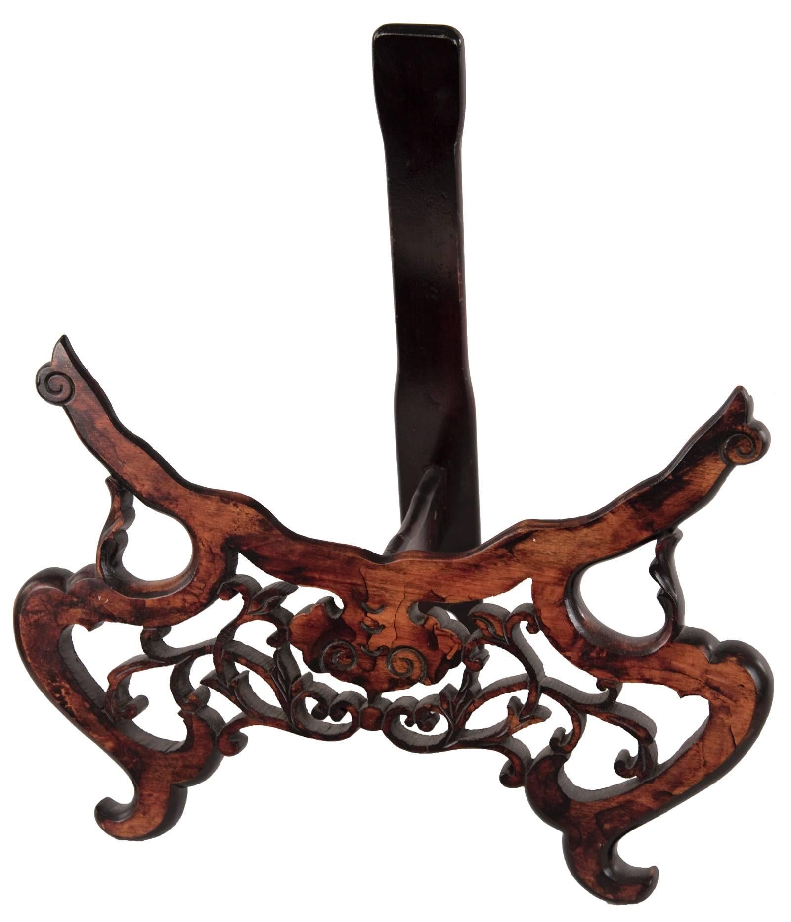 20th Century Cloisonné Enamel 'Dragon and Phoenix' Charger on Ornate Wooden Stand