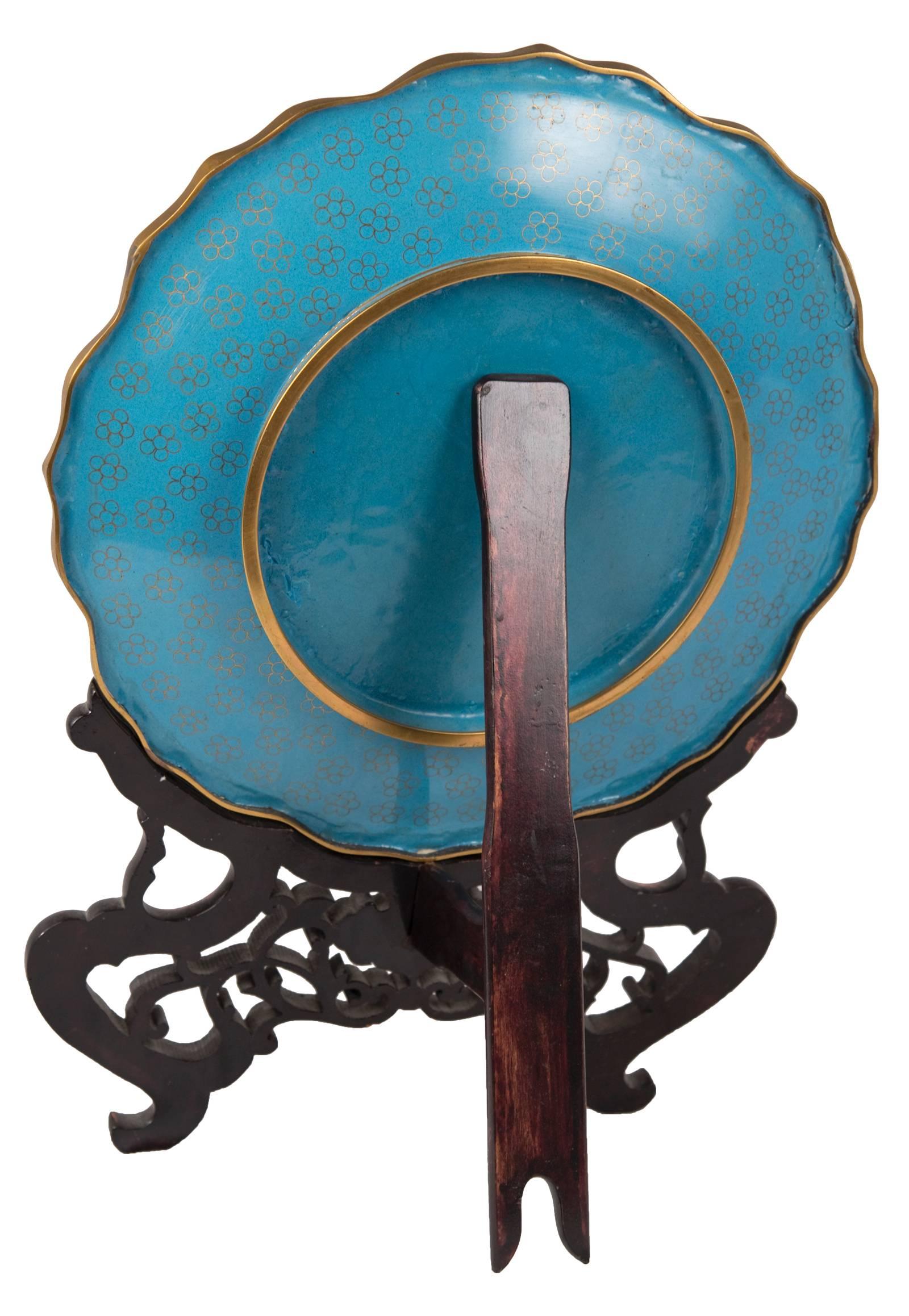 Chinoiserie Cloisonné Enamel 'Dragon and Phoenix' Charger on Ornate Wooden Stand