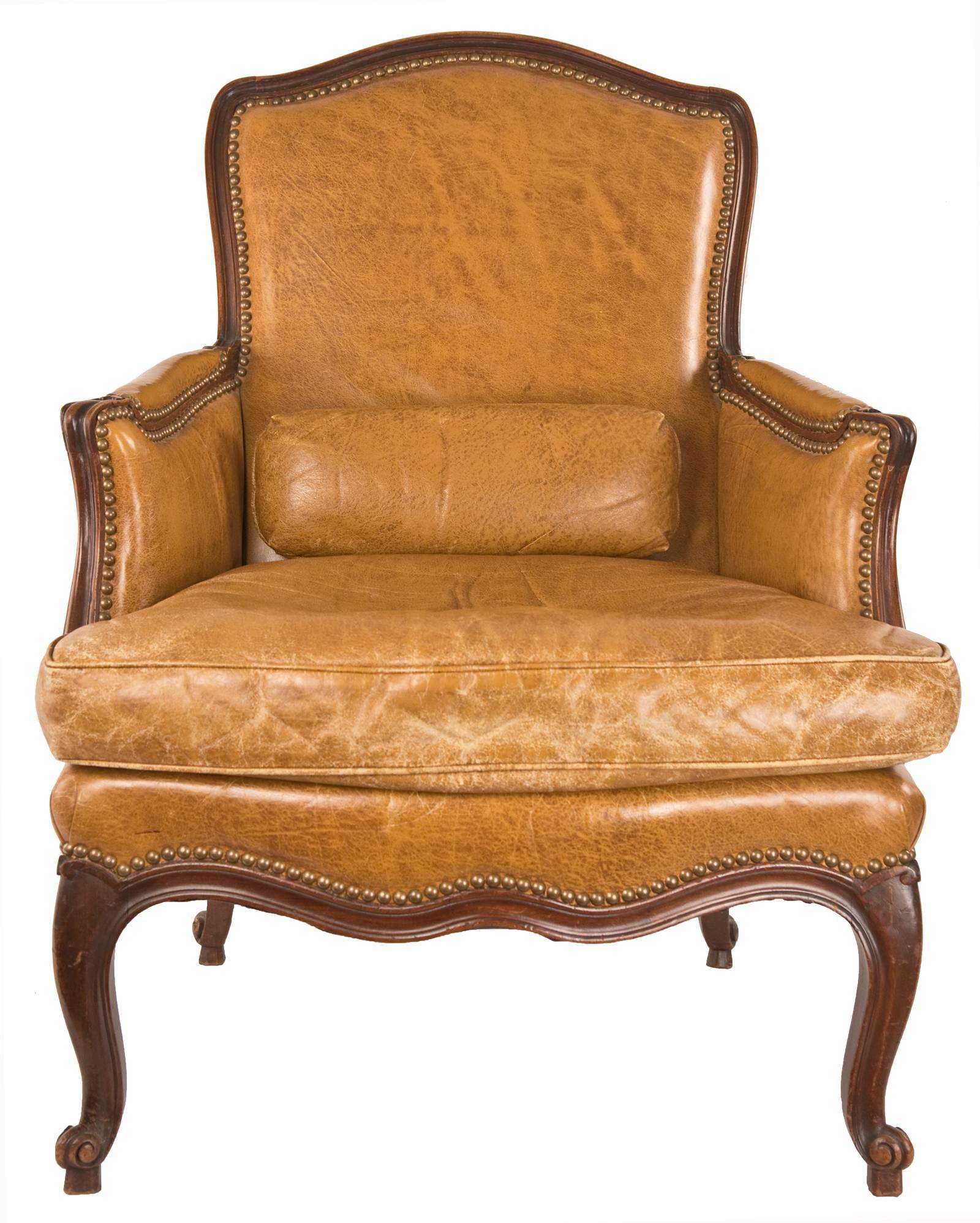 European Louis XV Style Italian Walnut Bergere and Tabouret For Sale