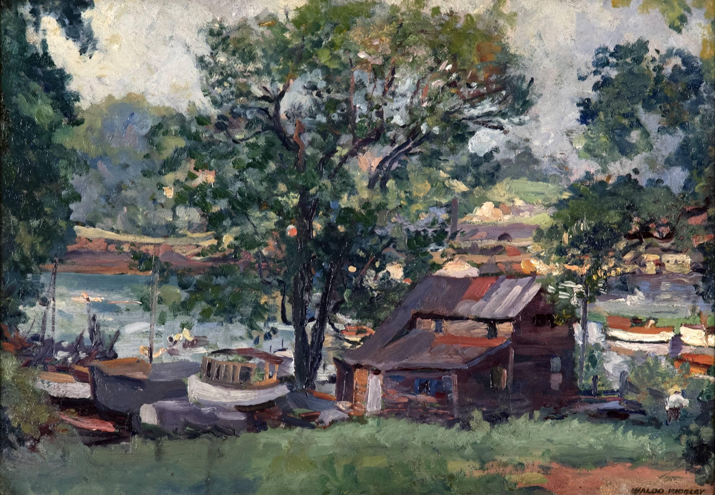 Waldo Park MidgleyIn this everyday scene an old, decrepit structure sits in the foreground of the painting, an old boat house on the shore of the Harlem River. Midgley uses thick impasto and impressionistic brush strokes to convey a sense of