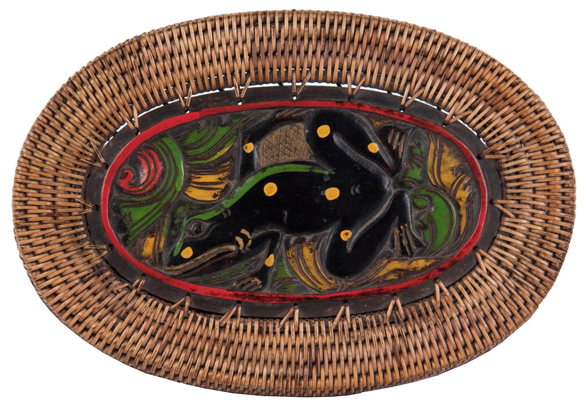 Carved Northwestern Native American Oval Basket Box Lidded with Polychrome Frog Motif