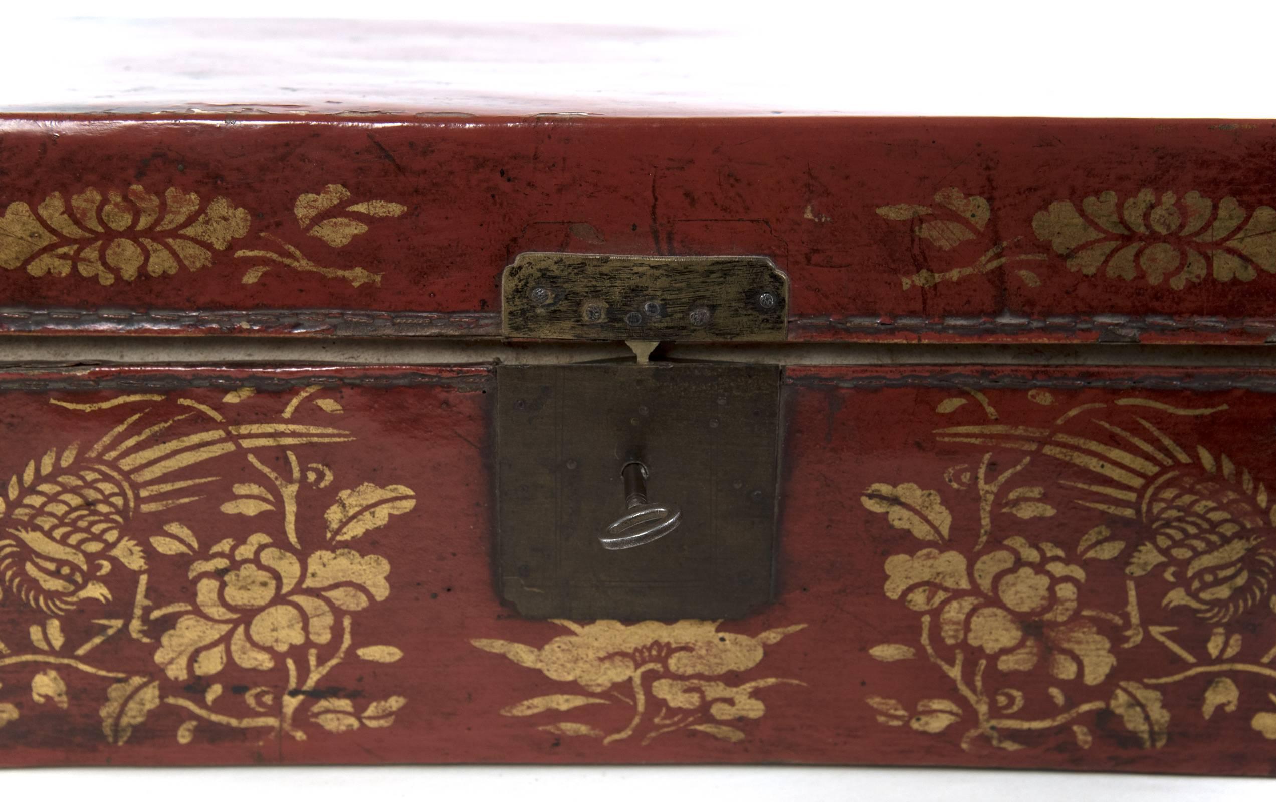 Chinese Red Leather Box with Gold-Stencil Foliate Ornamentation In Good Condition In Salt Lake City, UT