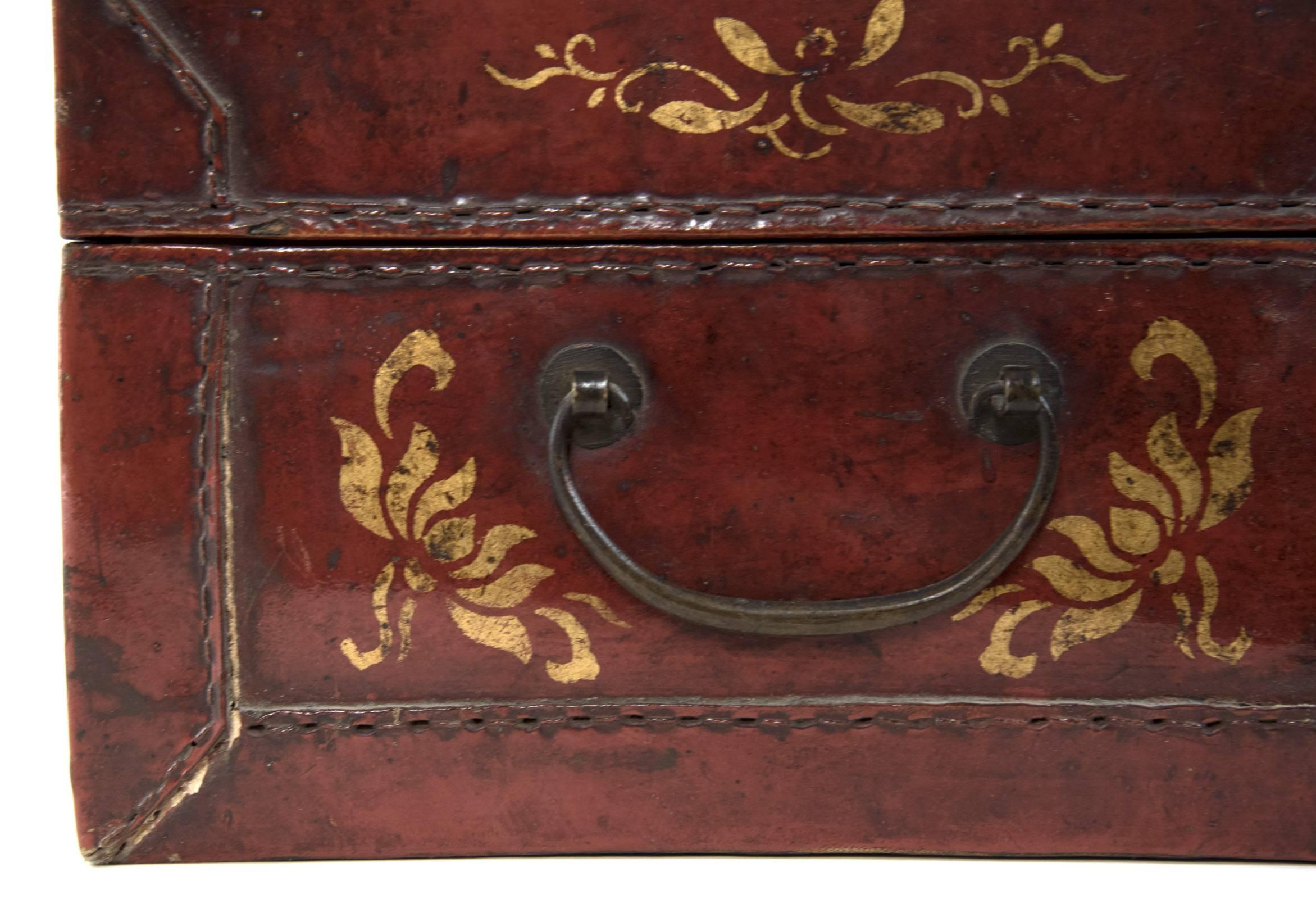 19th Century Chinese Red Leather Box with Gold-Stencil Foliate Ornamentation