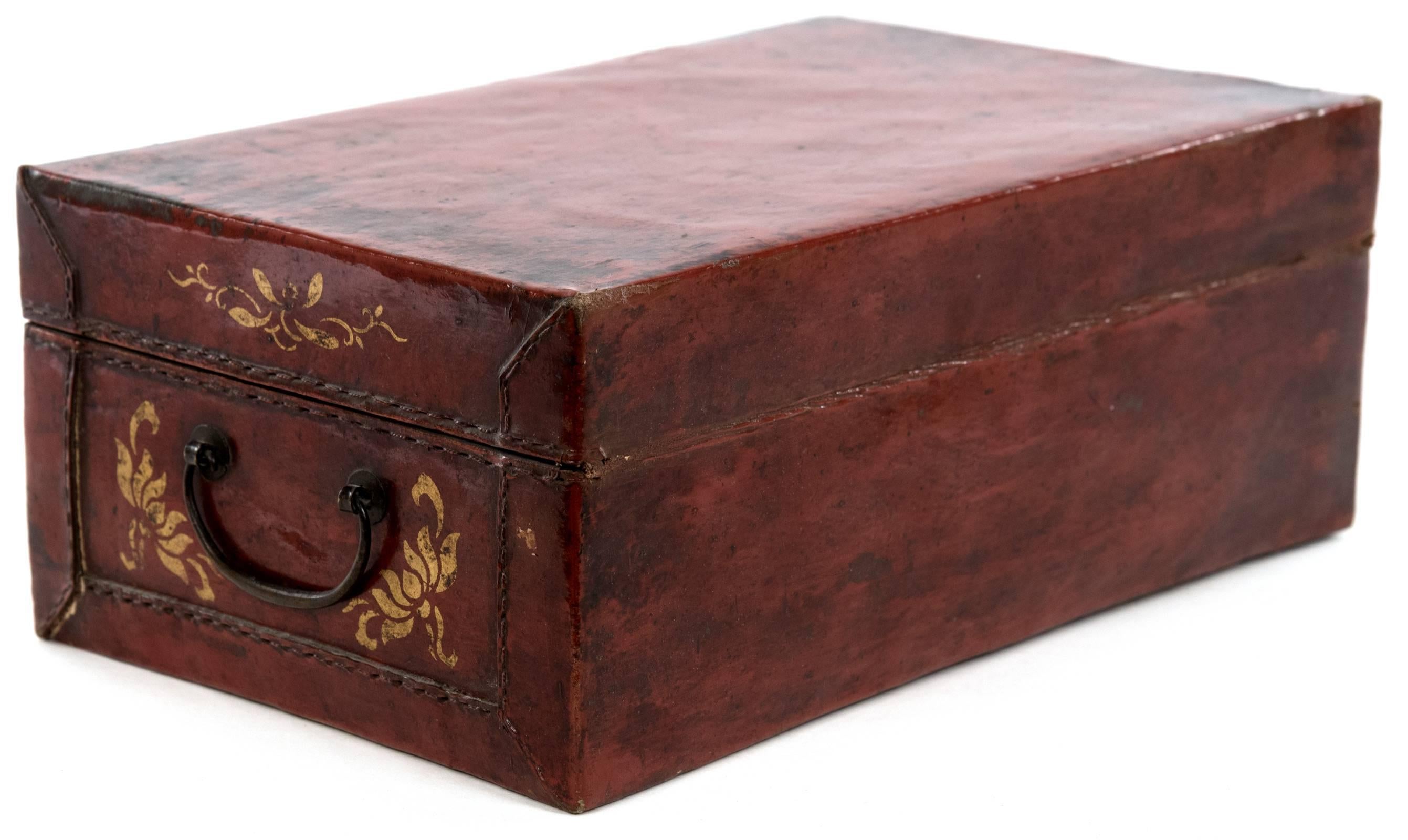 Chinoiserie Chinese Red Leather Box with Gold-Stencil Foliate Ornamentation