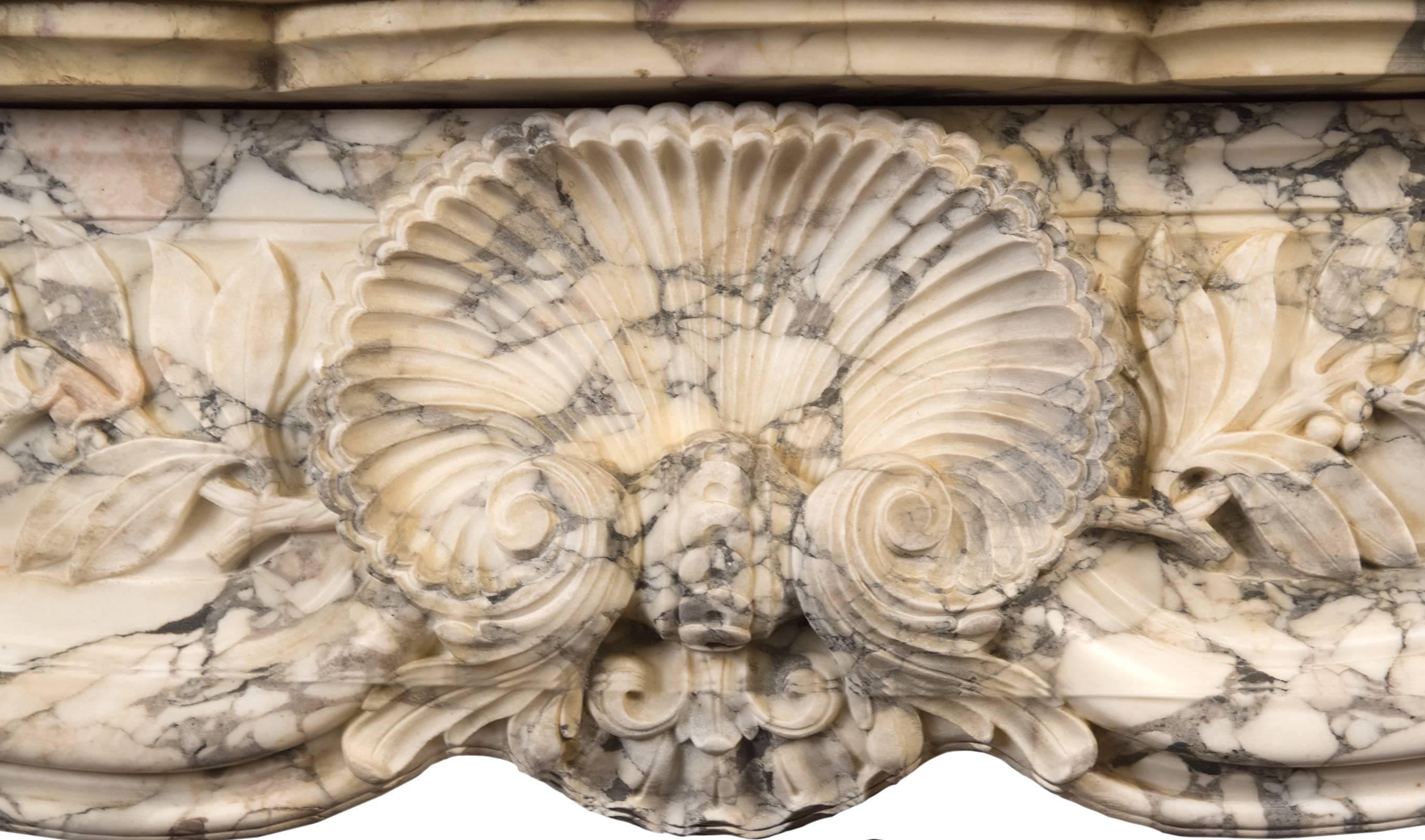 French Régence-Style Fireplace Mantel in Carved Brèche Médicis Marble 1
