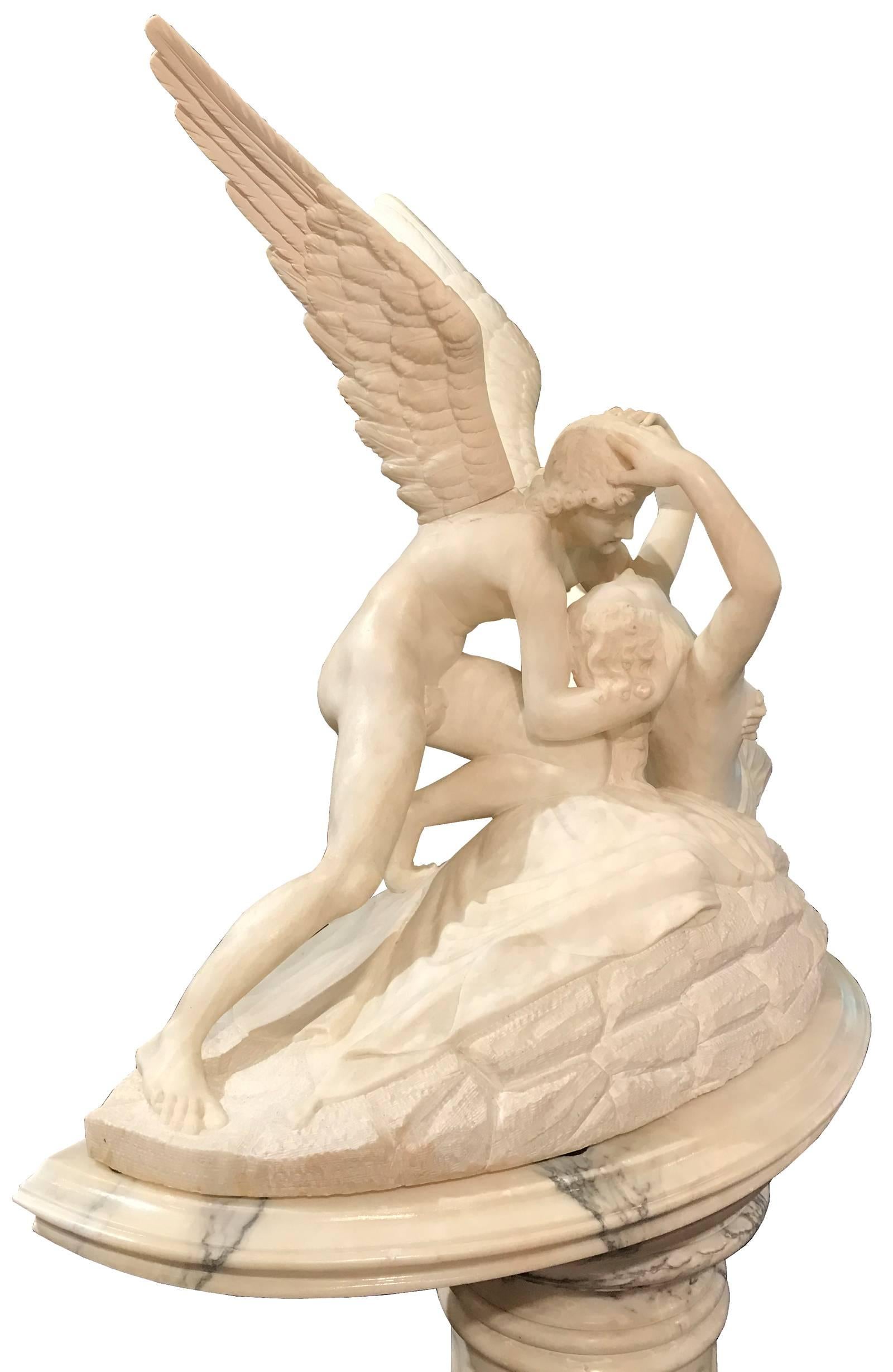 A marble statue depicting the moment Cupid saves the dying Persephone with his kiss. One of the most admired and duplicated sculptures in the world, the original by Antonio Canova (Italian, 1757 - 1822) is in the Musée du Louvre (Paris). This fine,