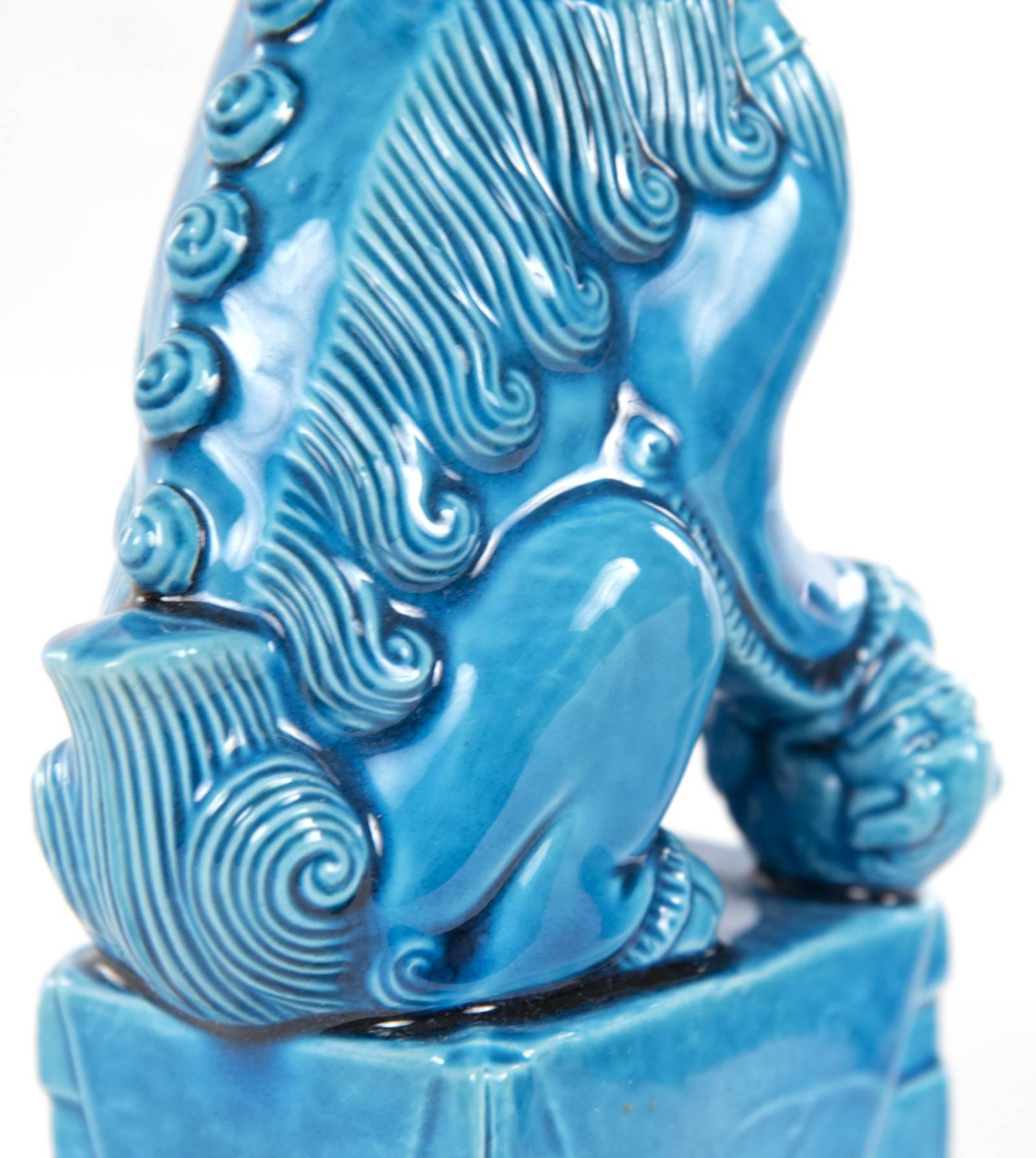 Taiwanese Pair of Turquoise-Glazed Porcelain Chinese Foo Dogs