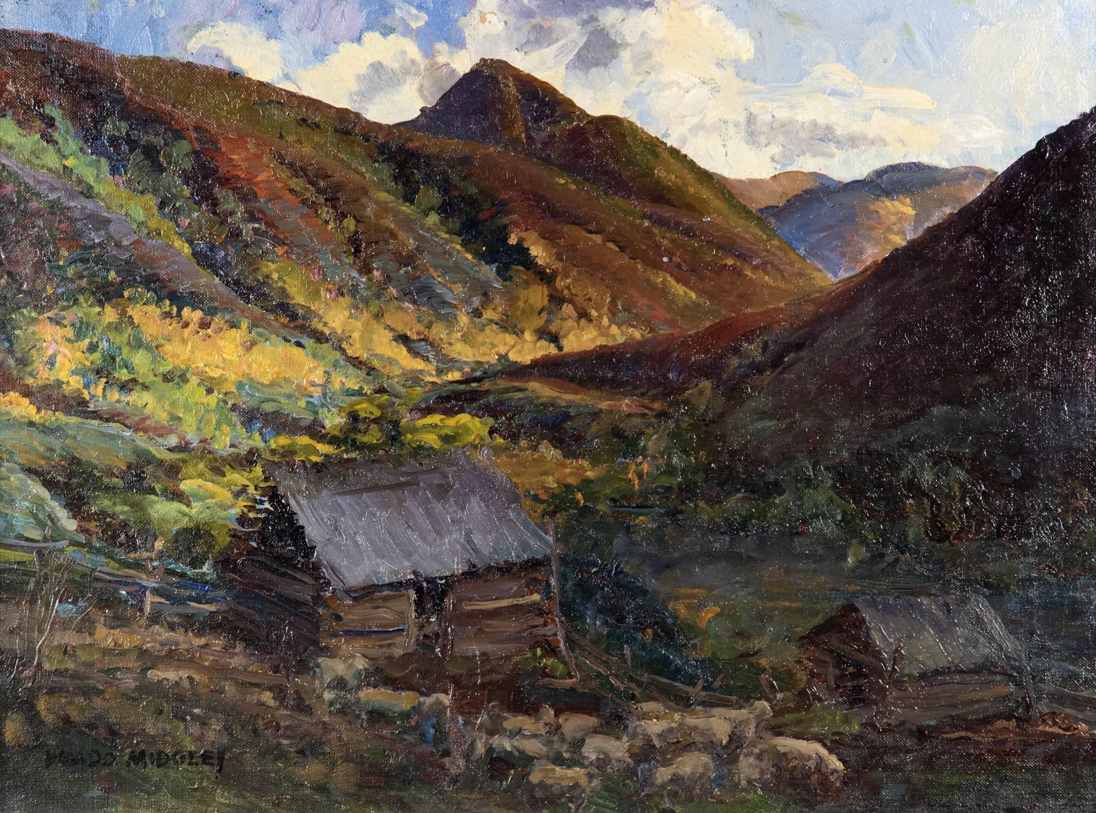A flock of sheep surround a small wood cabin that is nestled in a lush valley as richly-colored hills rise up around it. A vivid color palette, thick, impasto brushstrokes and a strong composition lend an impressionistic aesthetic to the work, yet