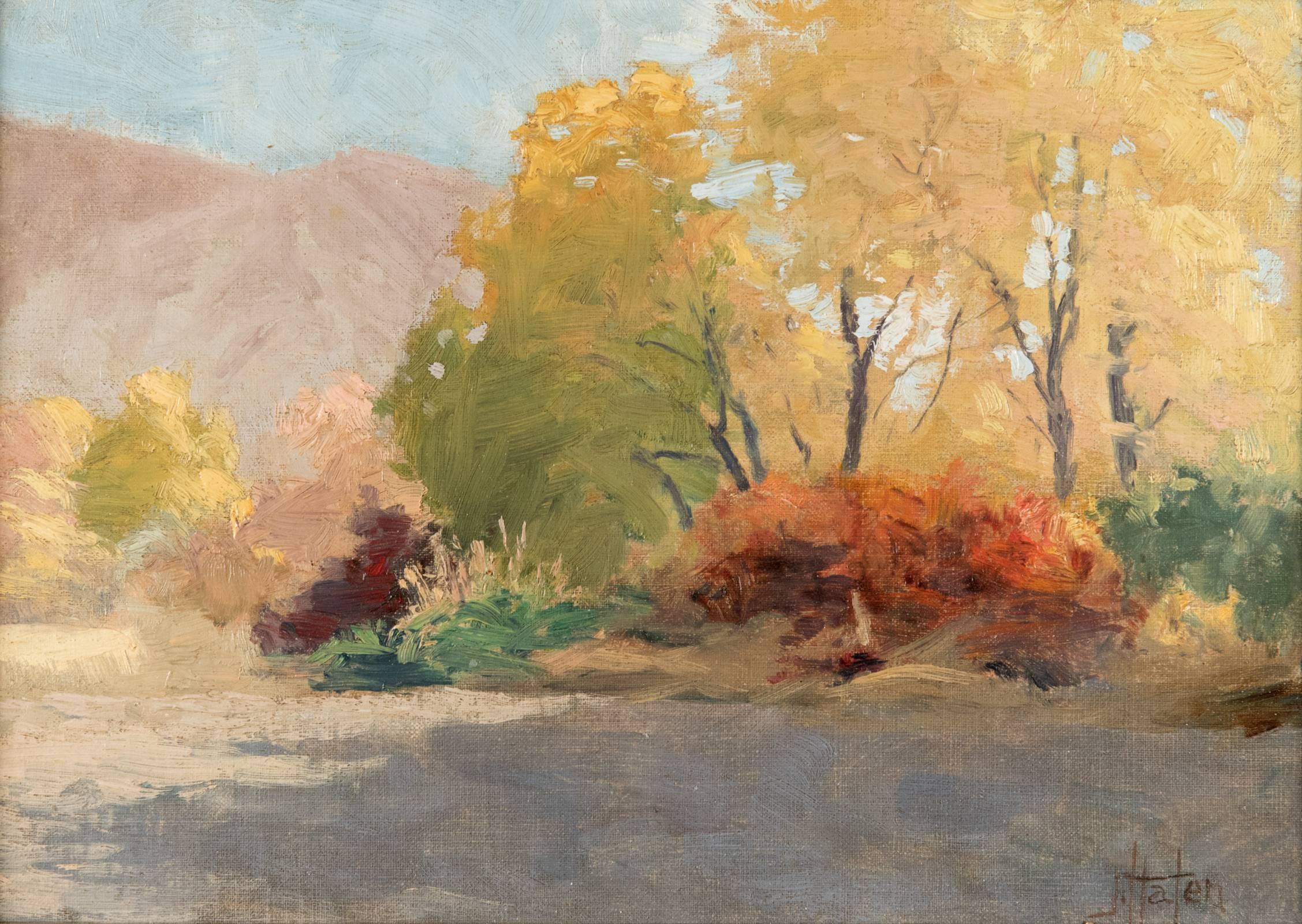 In this landscape sketch cool shadows creep across the foreground of the painting, laid in juxtaposition to the autumnal palette that depicts the trees and shrubbery at the edge of forest, while a neutral mountain range looms in the background. The
