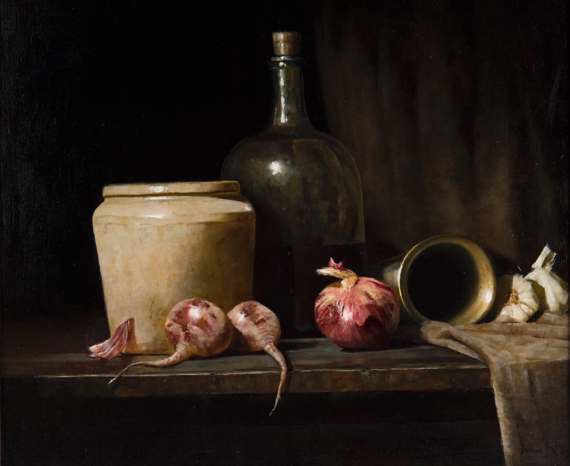 The weight of the ceramic jar and the clarity of the glass bottle; the delicate skin of the red onion and husk of the garlic cloves; the smoother skin of the beets and the coarseness of the fabric draped on the old wooden table, each object evokes a