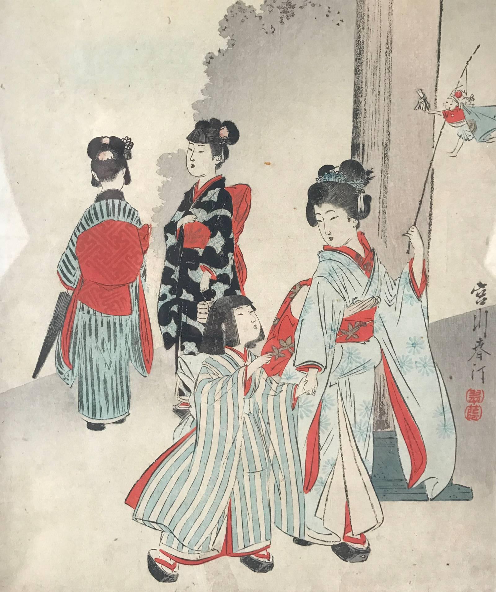 Japanese Watercolor of Mother and Daughter with Puppet For Sale