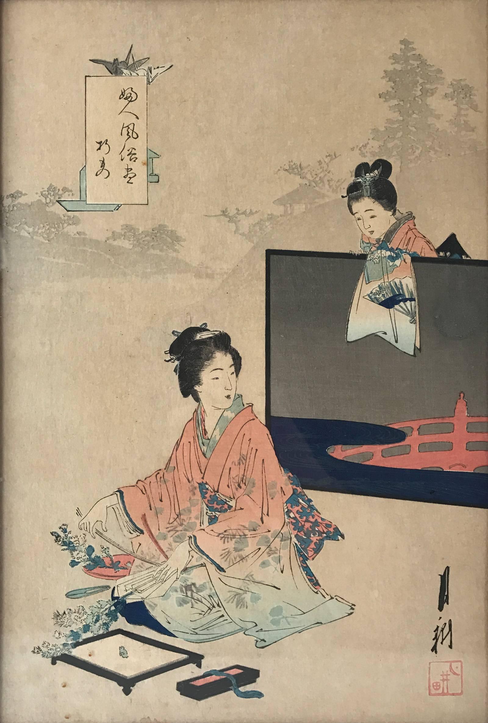Winner of numerous national and international awards, the woodblock artist Ogata Gekkō (尾形月耕, 1859–1920), was prized for his sensitive and lifelike depictions of people. In this work, he show two elegant women, one arranging cherry blossoms, and