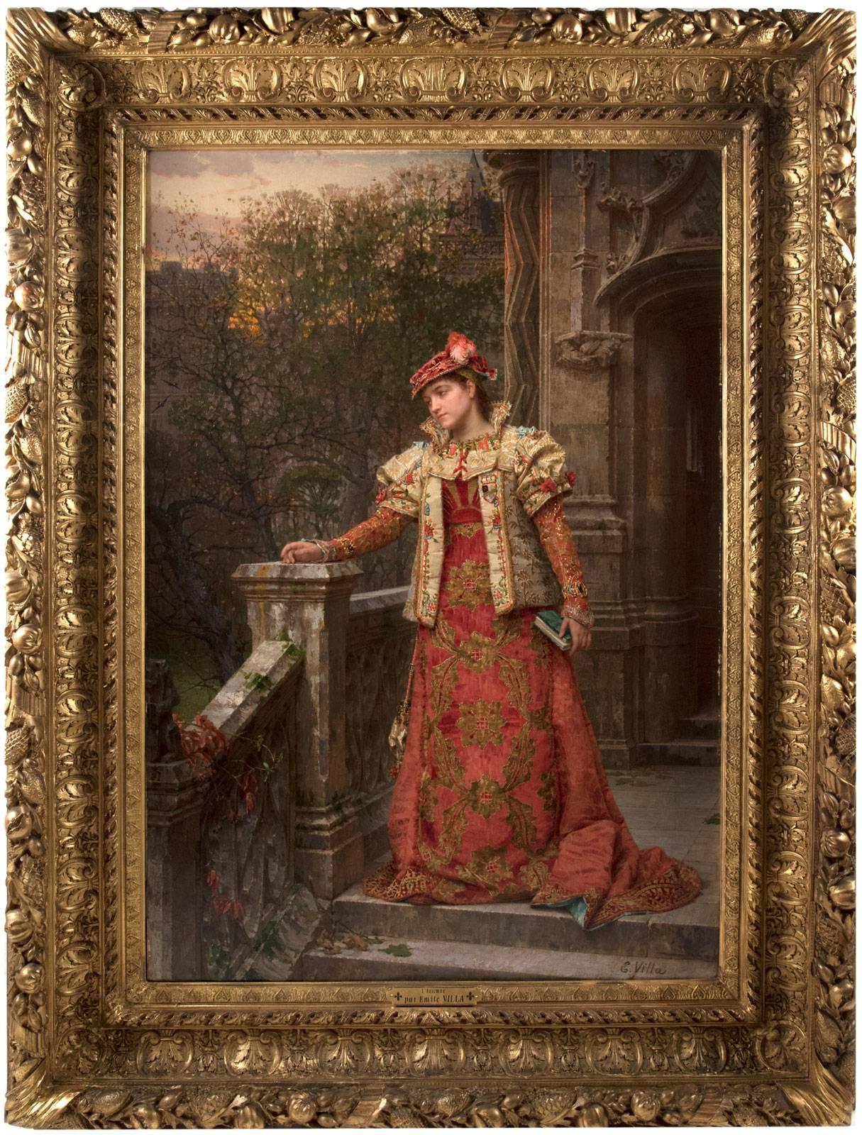 With romantic undertones, "Autumn" depicts a young woman with a pensive look standing on the steps of a neo-Gothic building. A highly detailed painting, her dress is very finely embroidered with gold thread and evokes the fashion of the