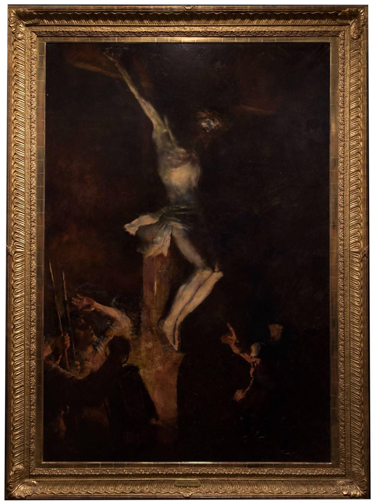 Lit from below, Christ is hauntingly depicted hanging from the cross, his skin sallow and grey in death. Roman soldiers surround the cross at its base, the light from the lantern illuminating their surprised and aghast expressions as they look upon