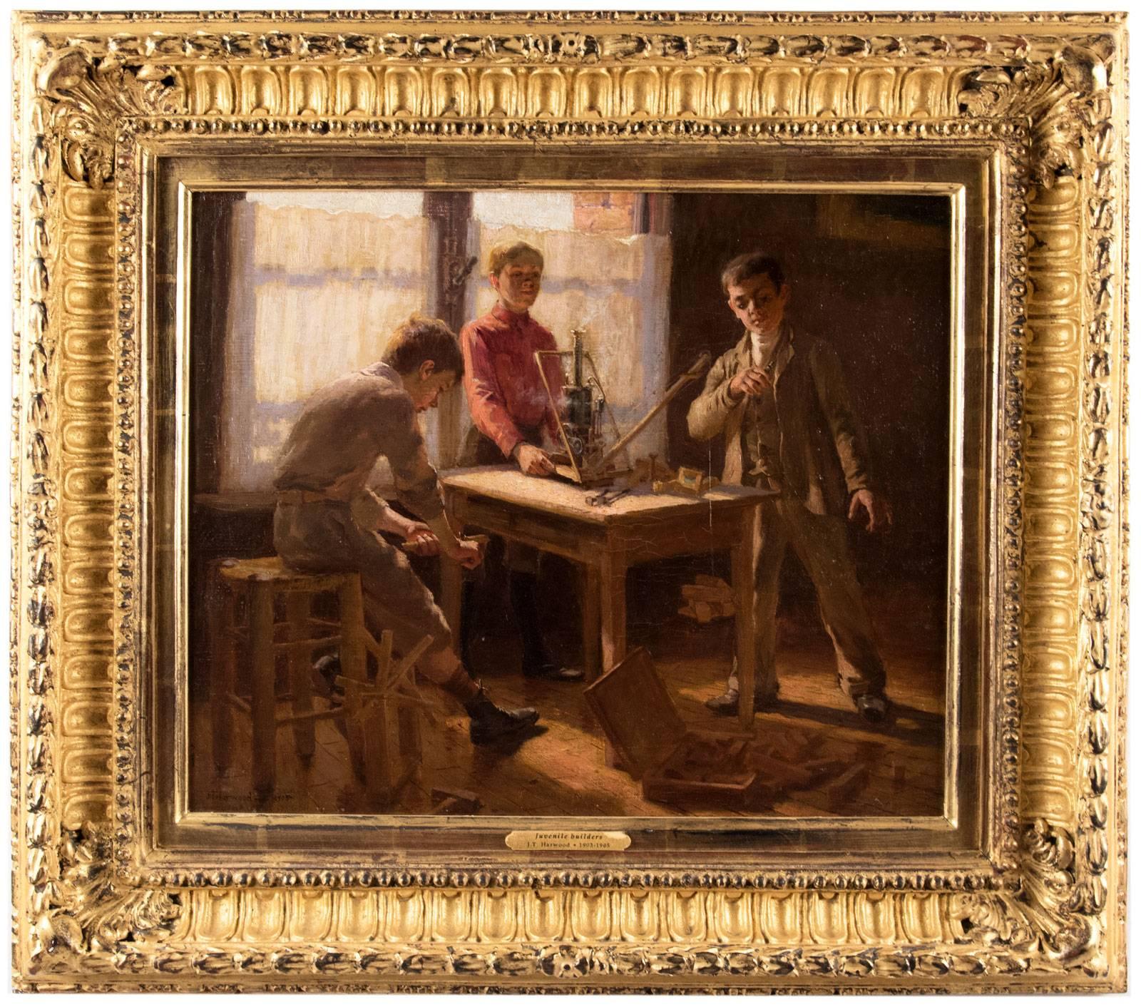 Three young, inquisitive boys gather around a table full of building devices, engineering their imaginative processes and curiosities. This image of these young builders continues the innovative undercurrent found in other works by Harwood that