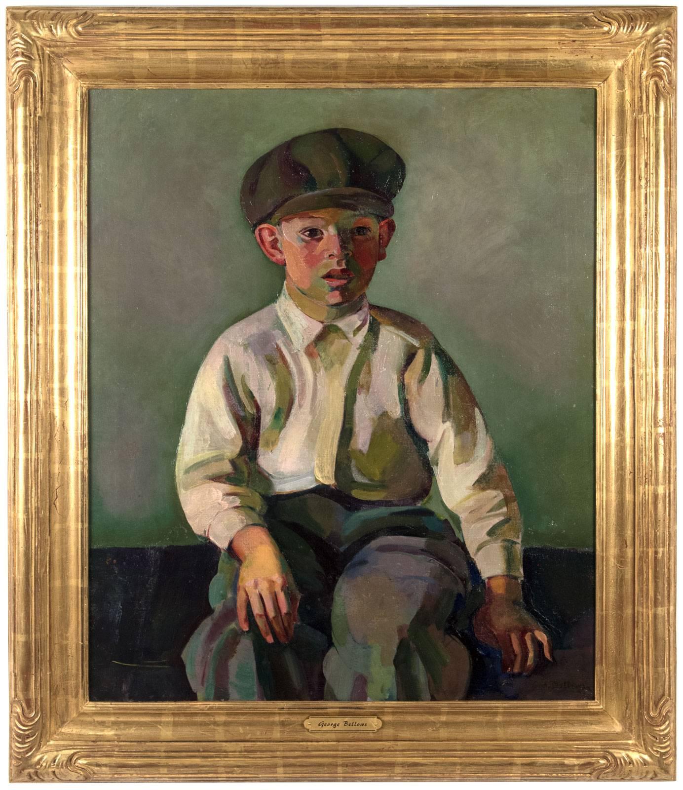 This portrait depicts an unglamorized picture of a young boy in a cap, dress shirt and slacks. His hand rests casually on his knee, and his mouth is slightly agap, lending to the sense of informality. A bold palette is used in this representation -