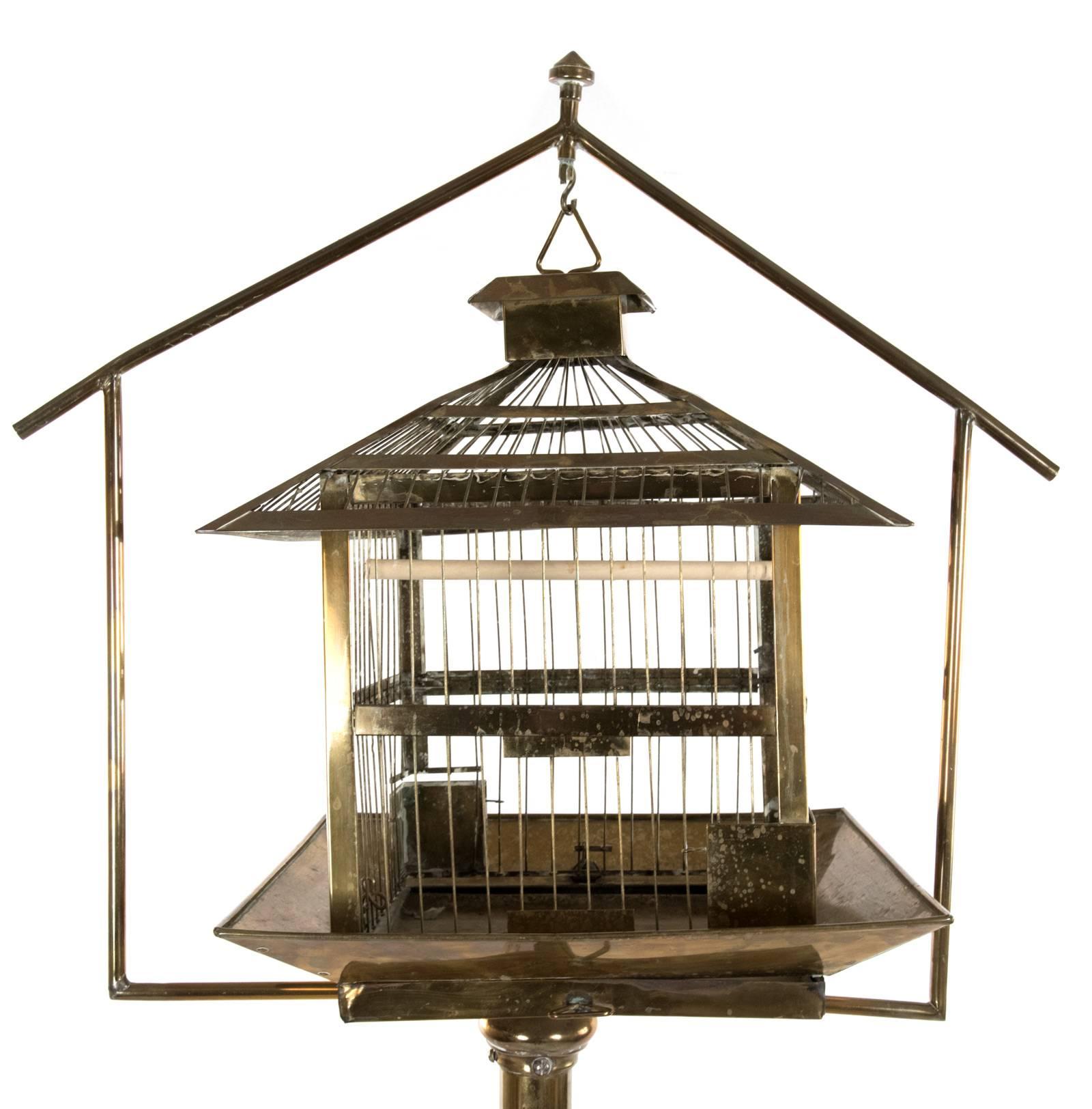 European Chinese-Style Brass Hanging Bird Cage and Stand