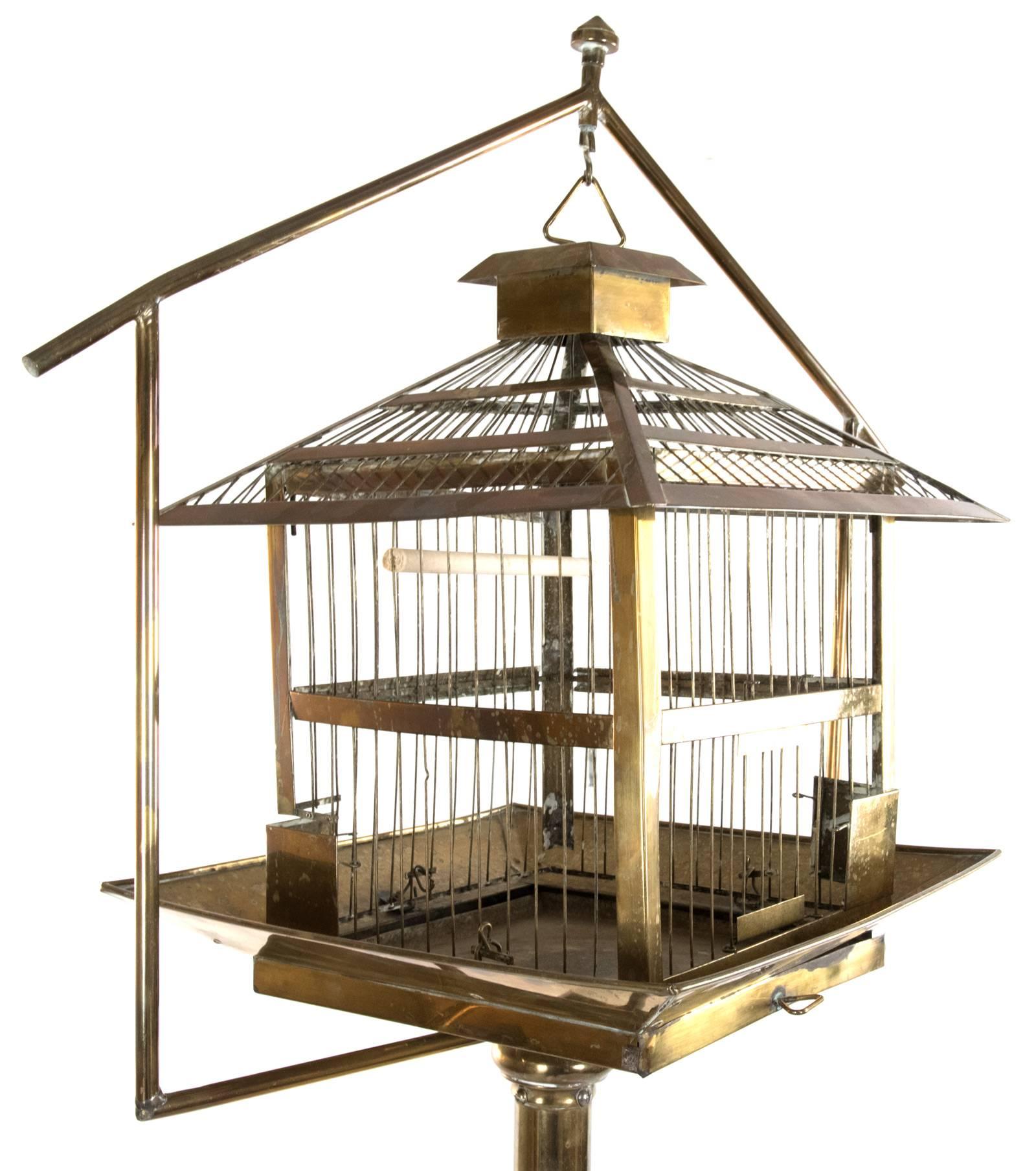 Chinese-Style Brass Hanging Bird Cage and Stand In Fair Condition In Salt Lake City, UT