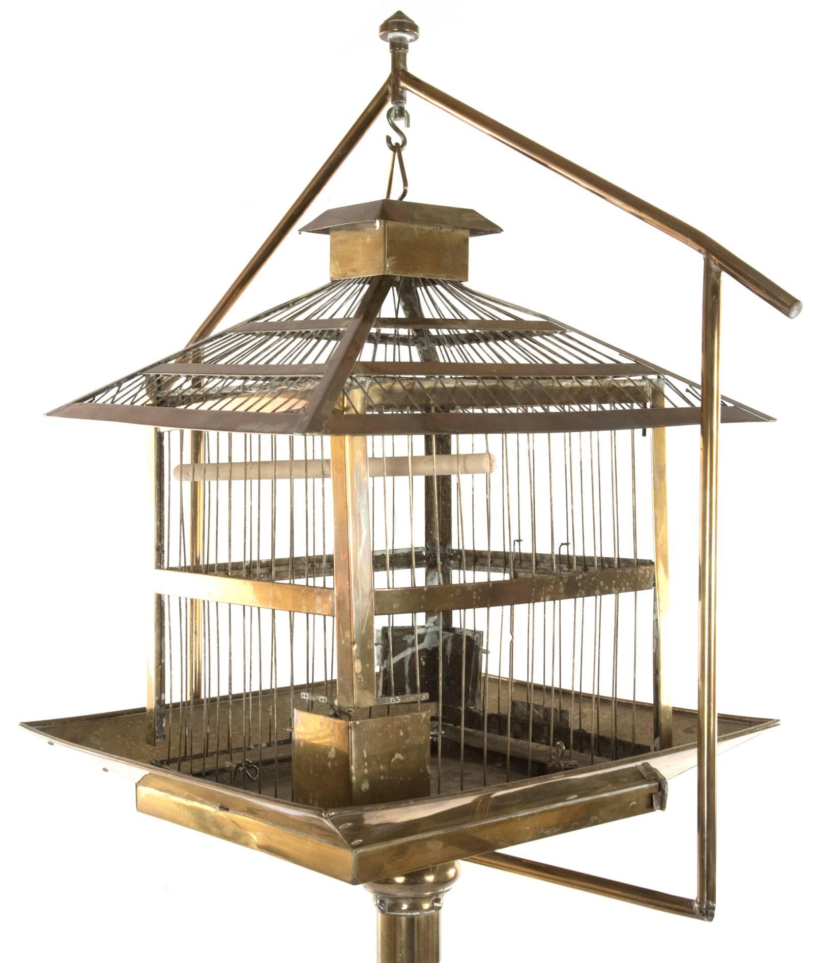 19th Century Chinese-Style Brass Hanging Bird Cage and Stand