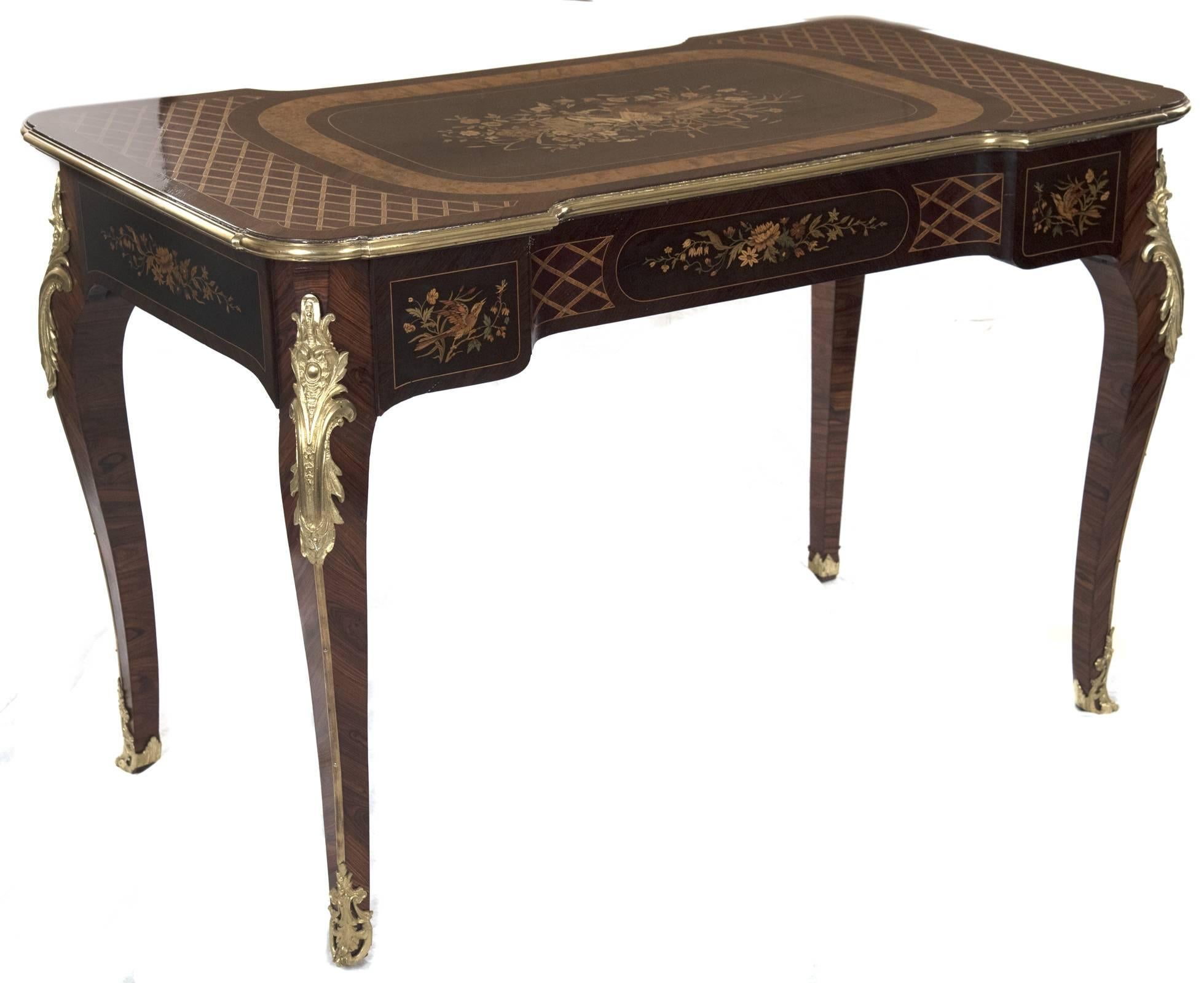 19th Century, French, Louis XV Style Marquetry Bureau Plat with Bronze Mounts For Sale 1