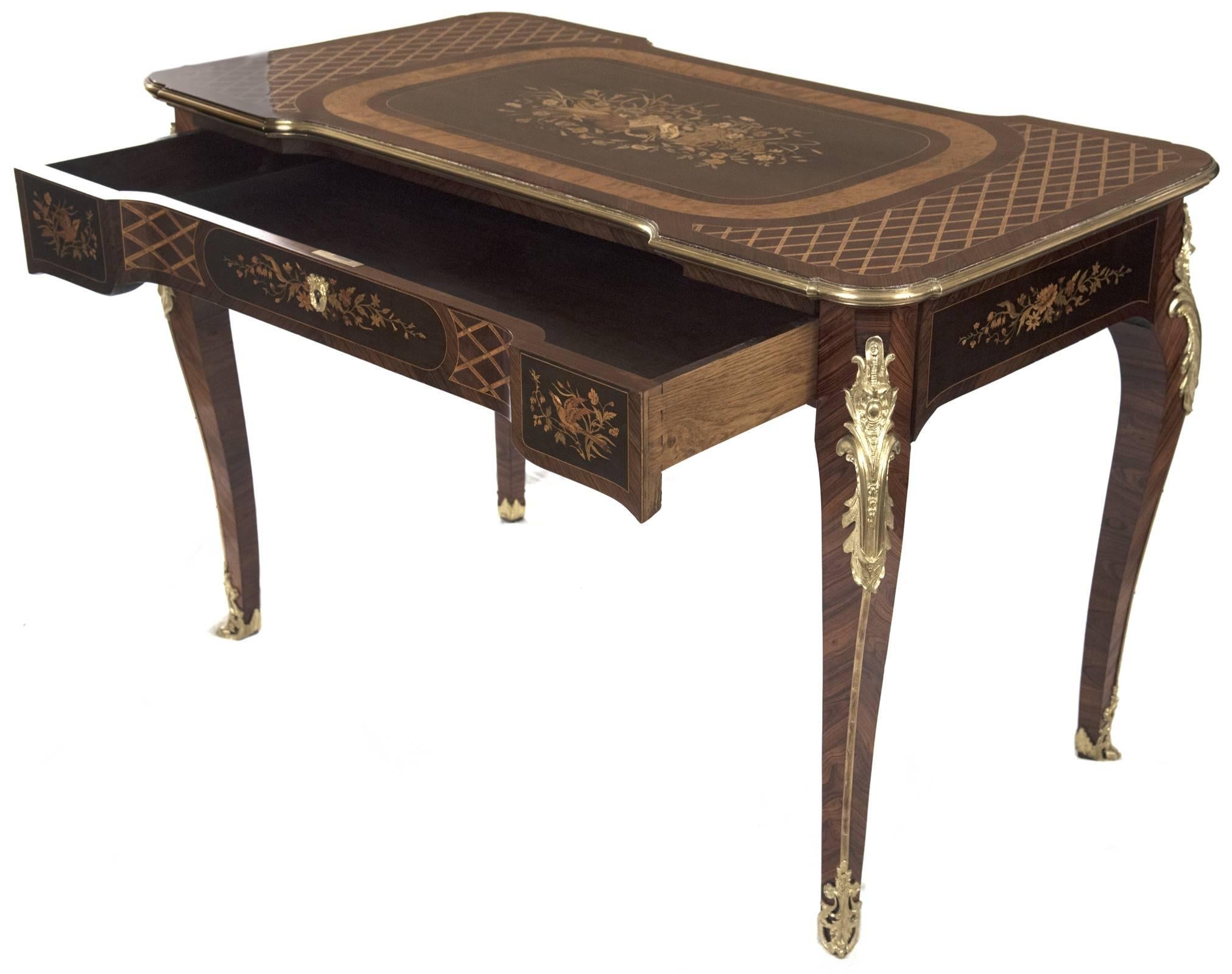 19th Century, French, Louis XV Style Marquetry Bureau Plat with Bronze Mounts In Good Condition For Sale In Salt Lake City, UT