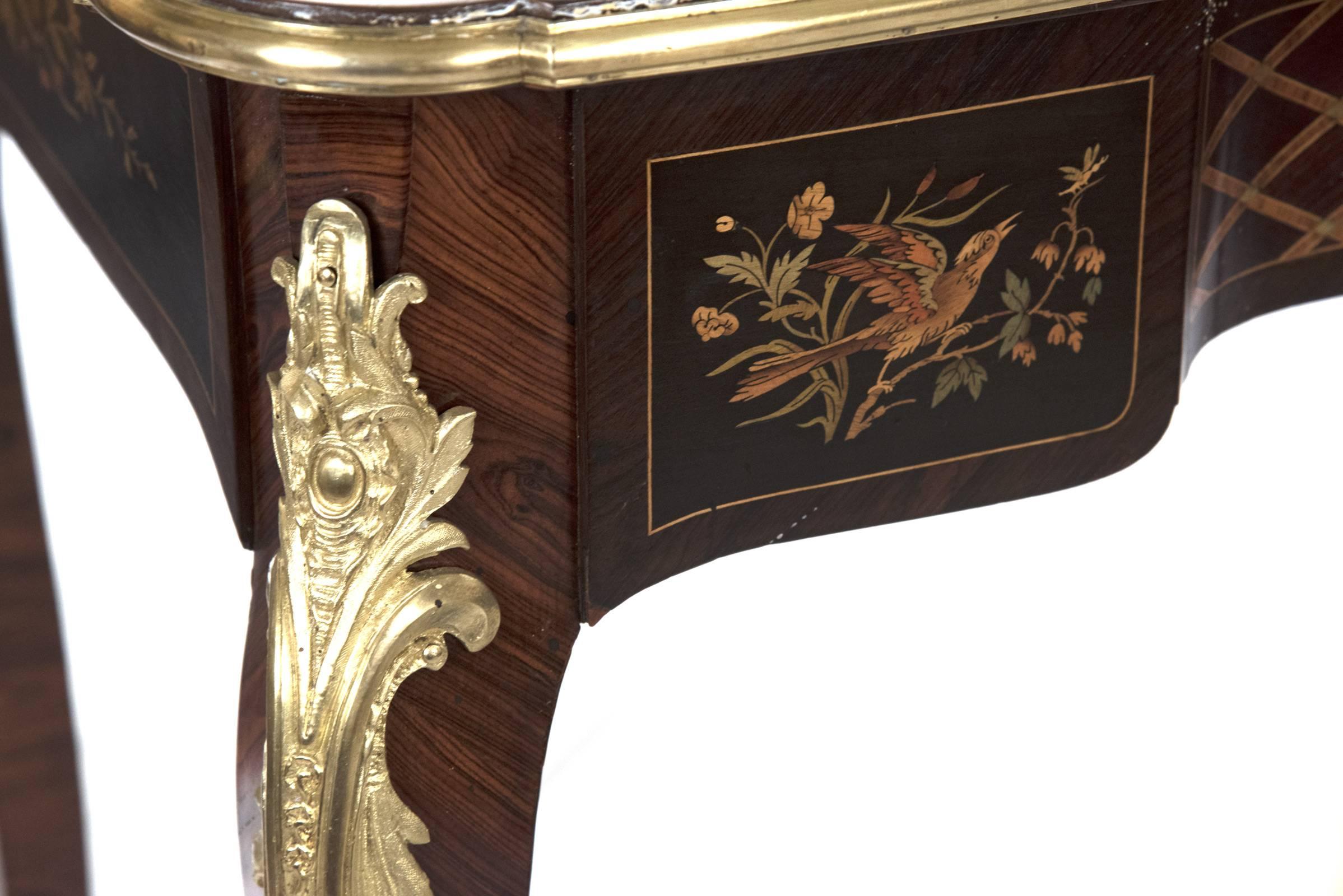 19th Century, French, Louis XV Style Marquetry Bureau Plat with Bronze Mounts For Sale 3